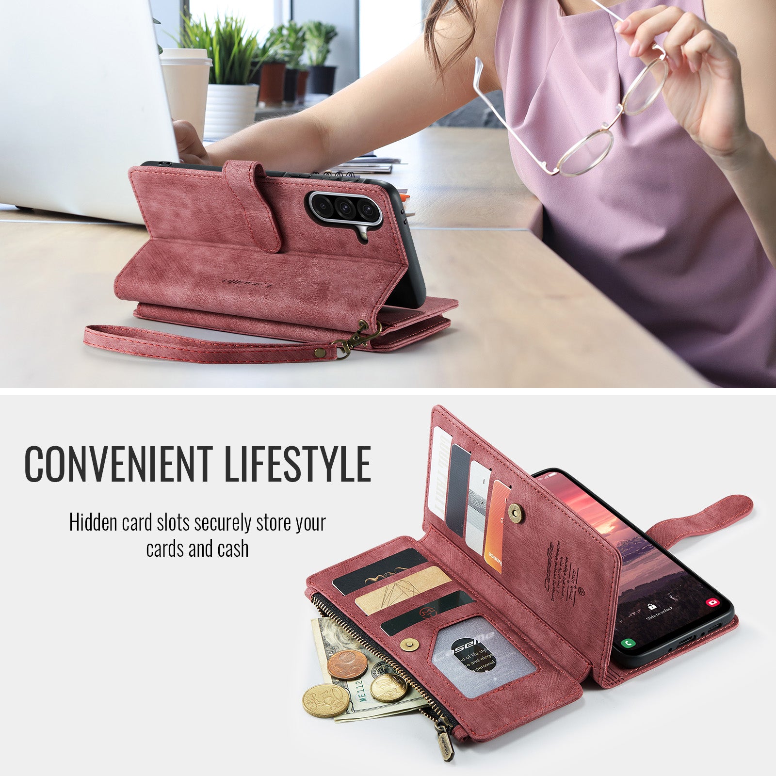 For-Samsung-Galaxy-A17-5G-/-A17-4G-Phone-Cases-with-Strap-CASEME-C30-Zipper-Multiple-Card-Holder-PU-Leather-Cover-Red