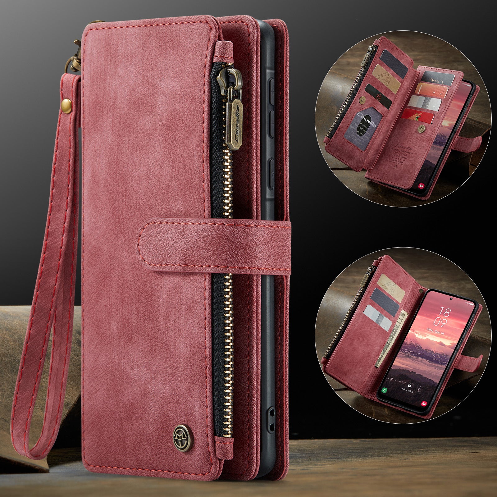 For-Samsung-Galaxy-A17-5G-/-A17-4G-Phone-Cases-with-Strap-CASEME-C30-Zipper-Multiple-Card-Holder-PU-Leather-Cover-Red