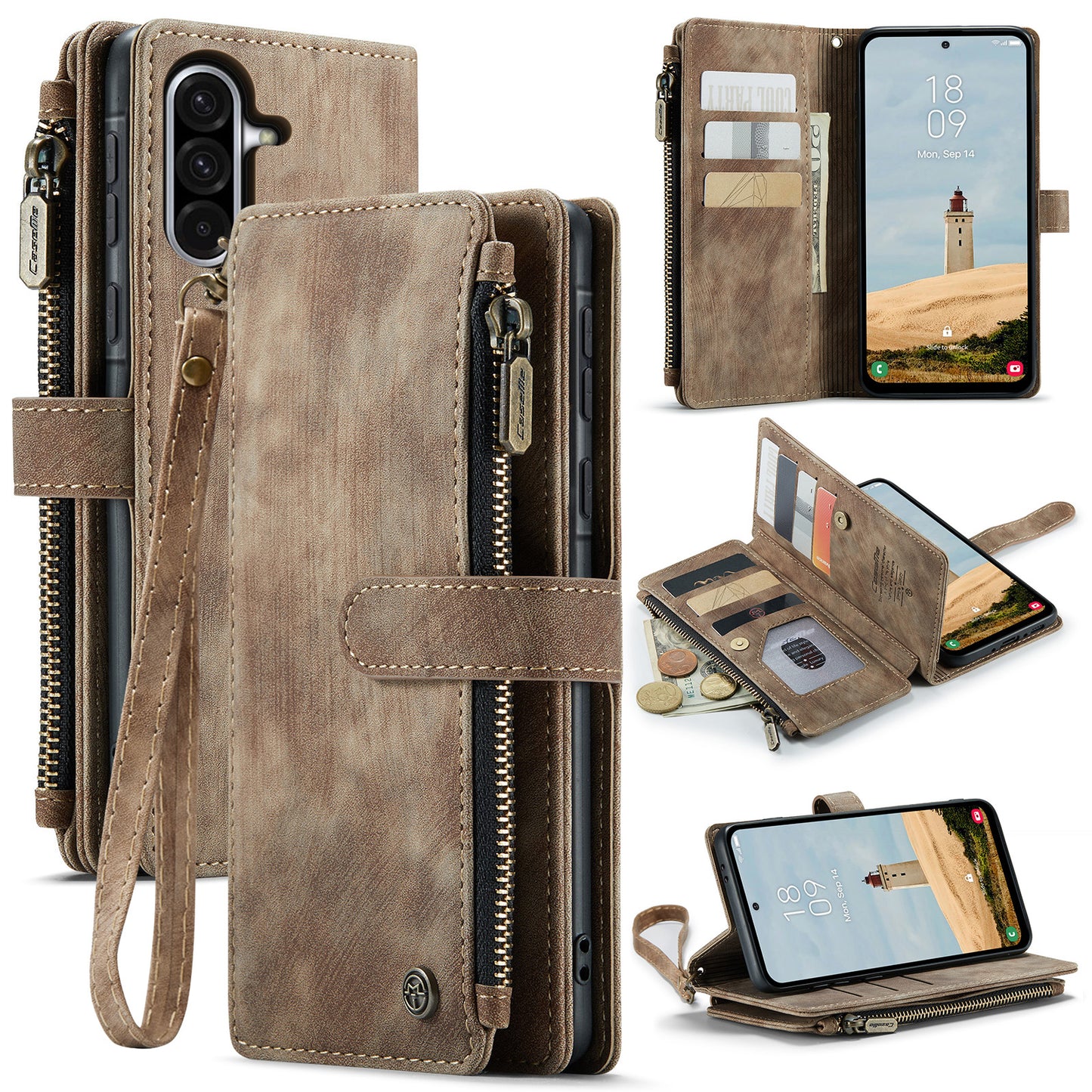 For-Samsung-Galaxy-A17-5G-/-A17-4G-Phone-Cases-with-Strap-CASEME-C30-Zipper-Multiple-Card-Holder-PU-Leather-Cover-Brown