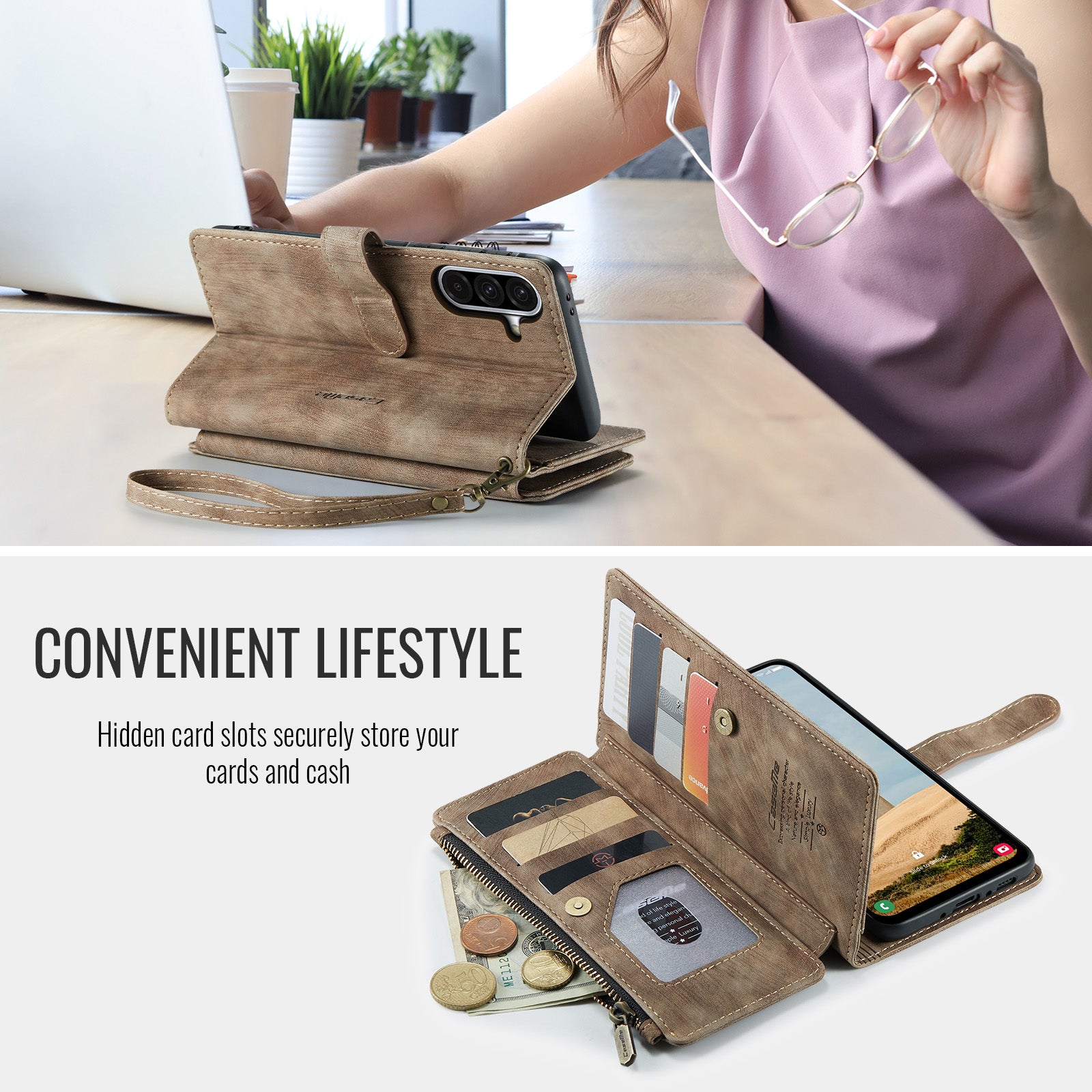 For-Samsung-Galaxy-A17-5G-/-A17-4G-Phone-Cases-with-Strap-CASEME-C30-Zipper-Multiple-Card-Holder-PU-Leather-Cover-Brown