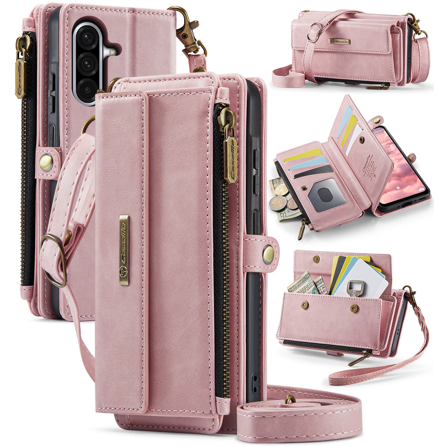 For-Samsung-Galaxy-A17-5G-/-A17-4G-Case-CASEME-C39-RFID-Blocking-Zipper-Wallet-Stand-Leather-Cover-with-Strap-Pink