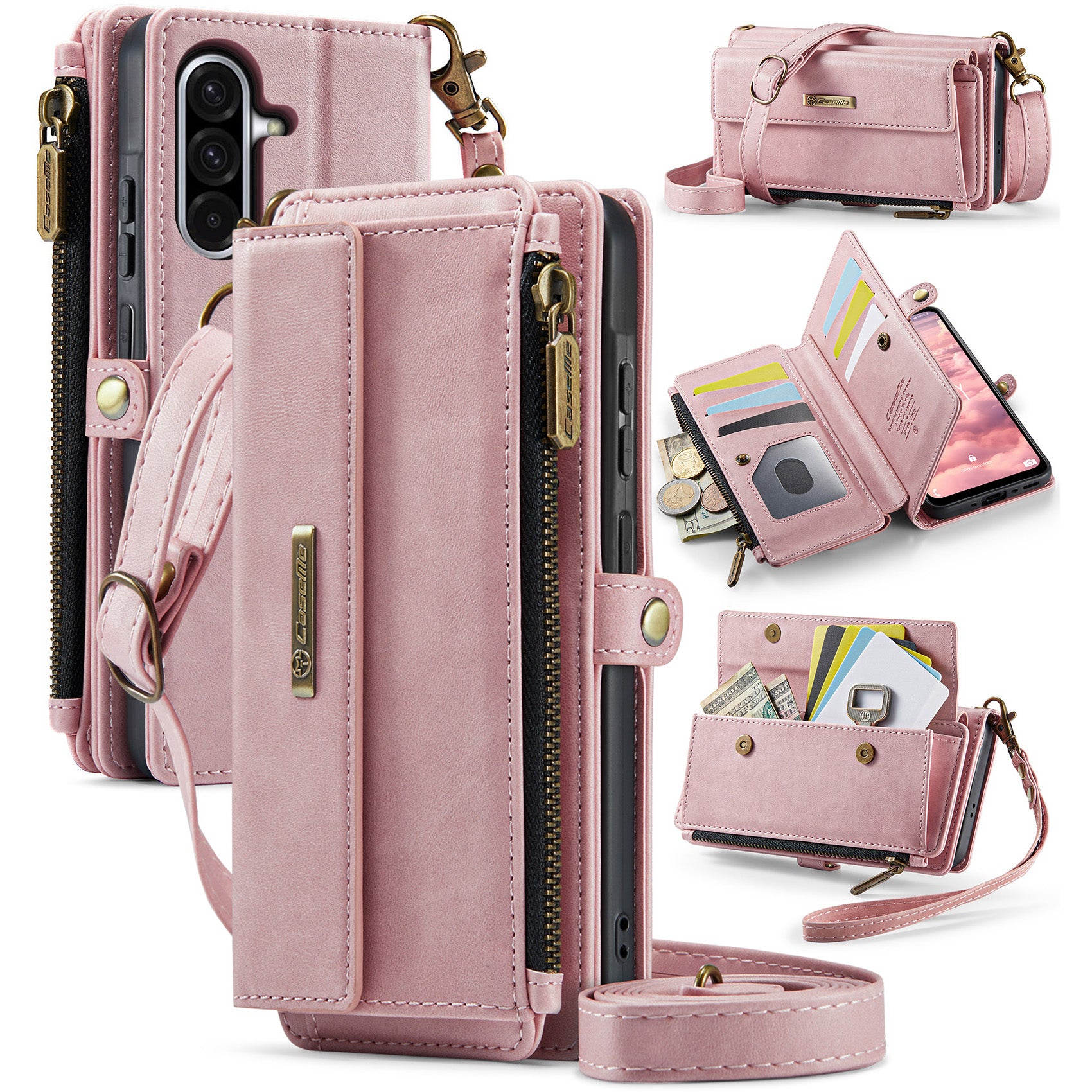 For-Samsung-Galaxy-A17-5G-/-A17-4G-Case-CASEME-C39-RFID-Blocking-Zipper-Wallet-Stand-Leather-Cover-with-Strap-Pink