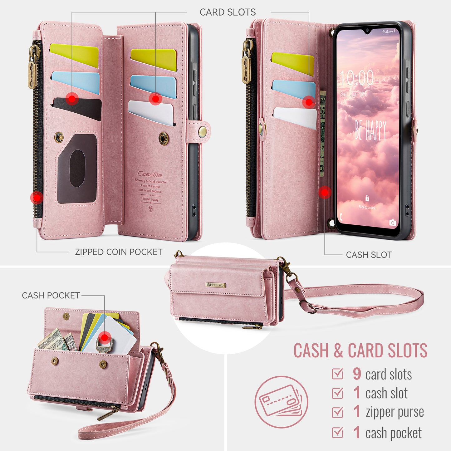 For-Samsung-Galaxy-A17-5G-/-A17-4G-Case-CASEME-C39-RFID-Blocking-Zipper-Wallet-Stand-Leather-Cover-with-Strap-Pink