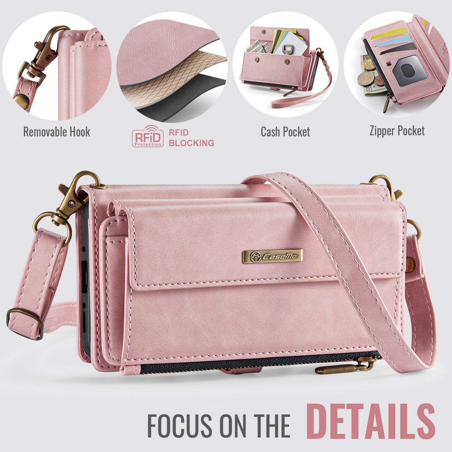 For-Samsung-Galaxy-A17-5G-/-A17-4G-Case-CASEME-C39-RFID-Blocking-Zipper-Wallet-Stand-Leather-Cover-with-Strap-Pink