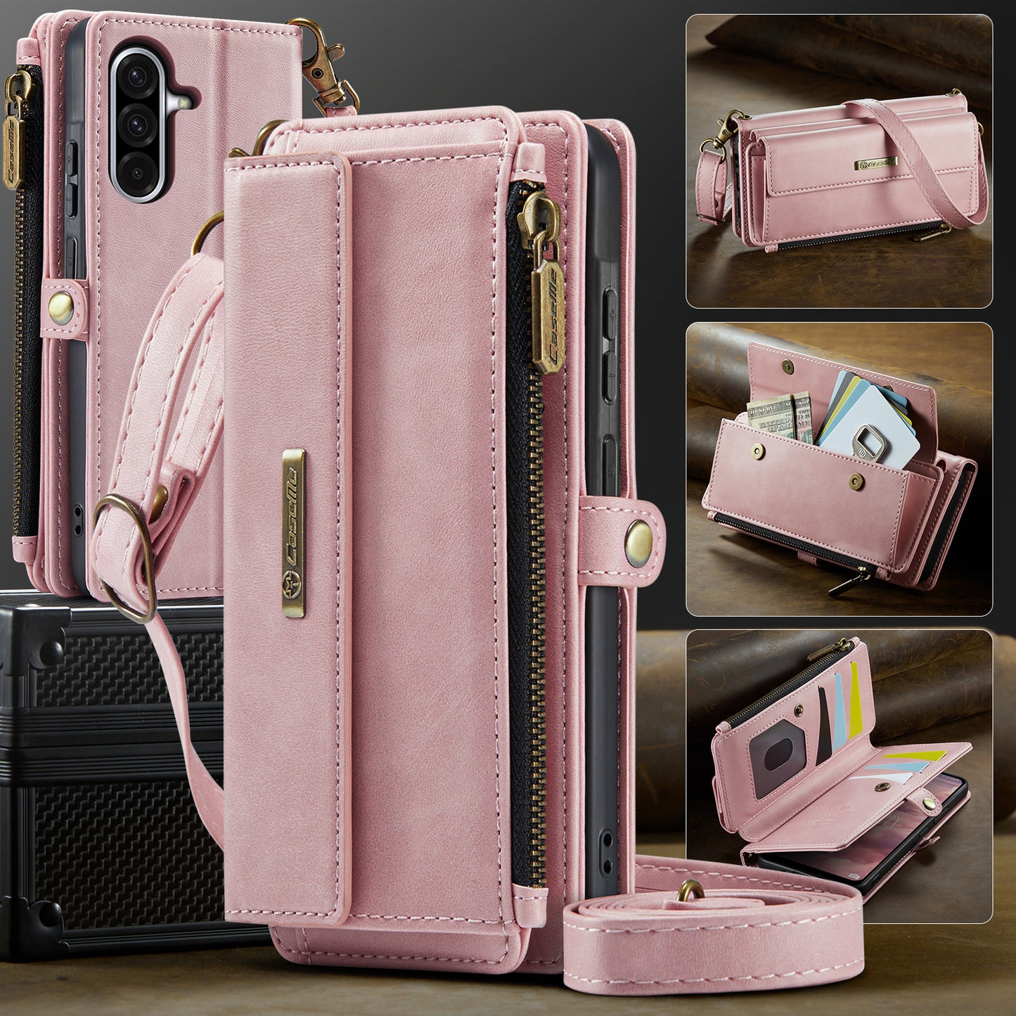 For-Samsung-Galaxy-A17-5G-/-A17-4G-Case-CASEME-C39-RFID-Blocking-Zipper-Wallet-Stand-Leather-Cover-with-Strap-Pink