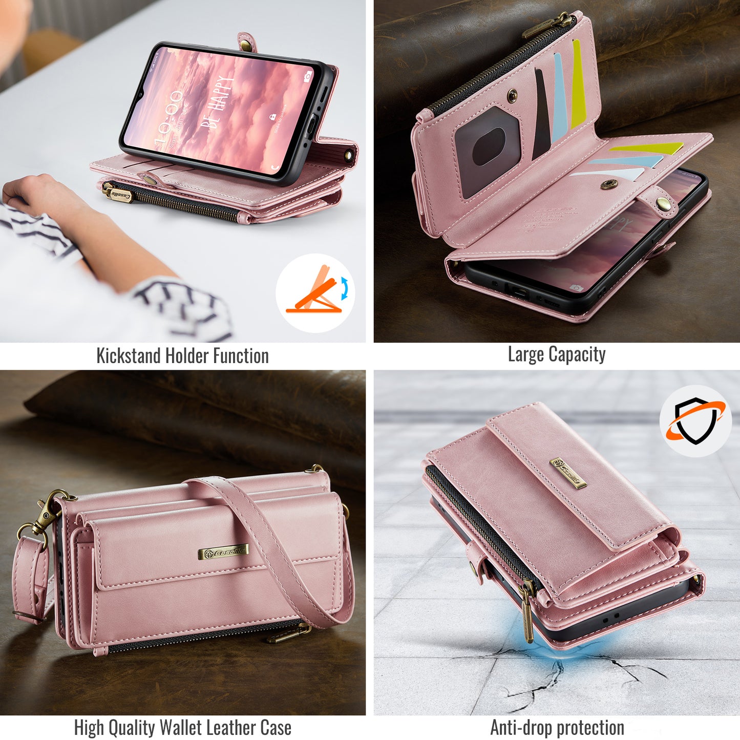 For-Samsung-Galaxy-A17-5G-/-A17-4G-Case-CASEME-C39-RFID-Blocking-Zipper-Wallet-Stand-Leather-Cover-with-Strap-Pink