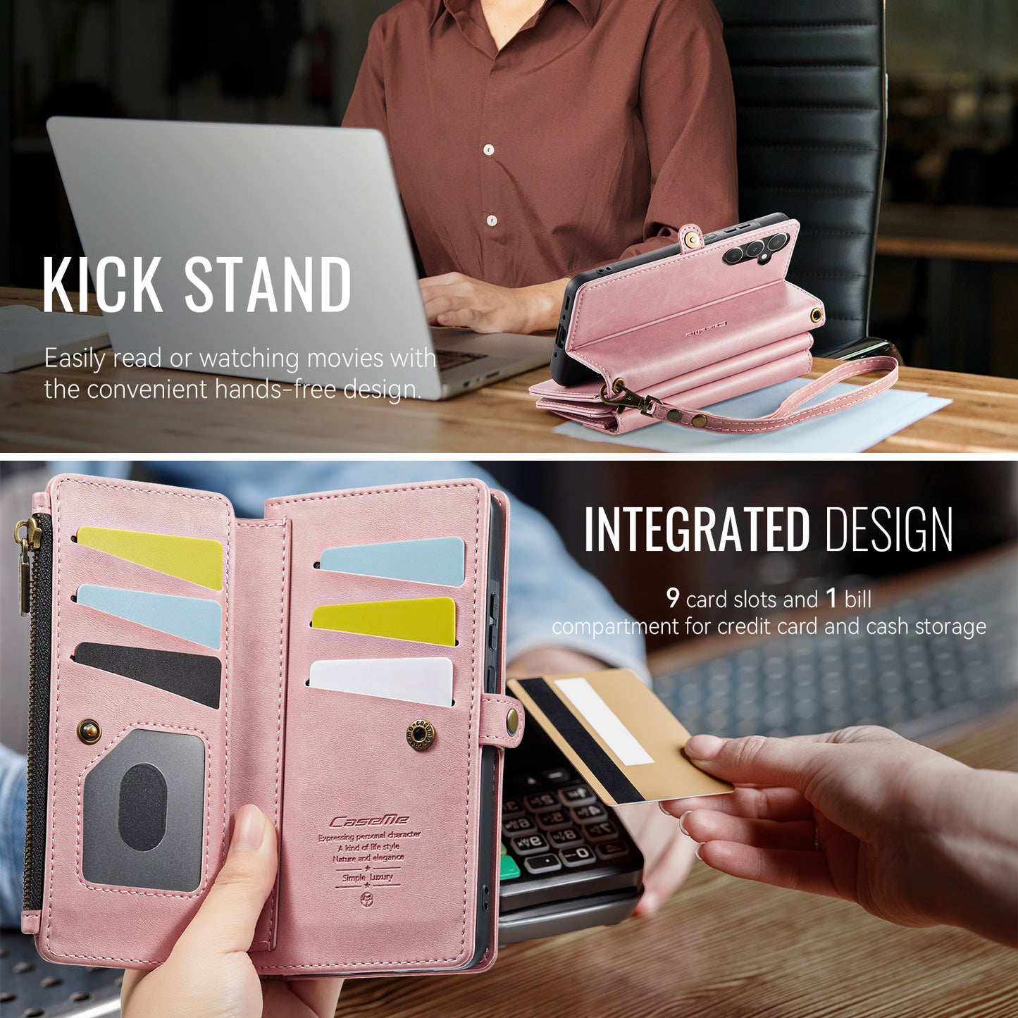 For-Samsung-Galaxy-A17-5G-/-A17-4G-Case-CASEME-C39-RFID-Blocking-Zipper-Wallet-Stand-Leather-Cover-with-Strap-Pink