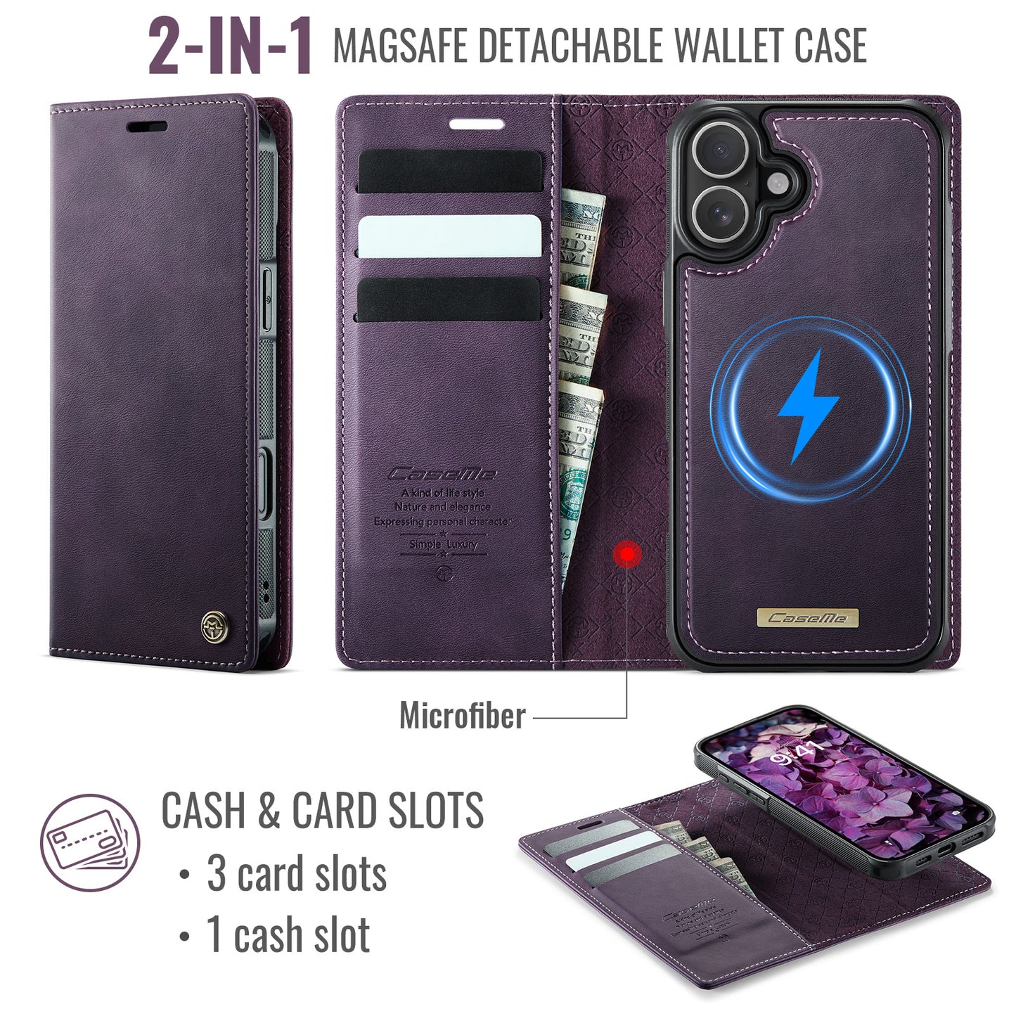 For-iPhone-17-Case-CASEME-C49-Compatible-with-MagSafe-RFID-Blocking-Detachable-Wallet-Leather-Phone-Cover-Purple