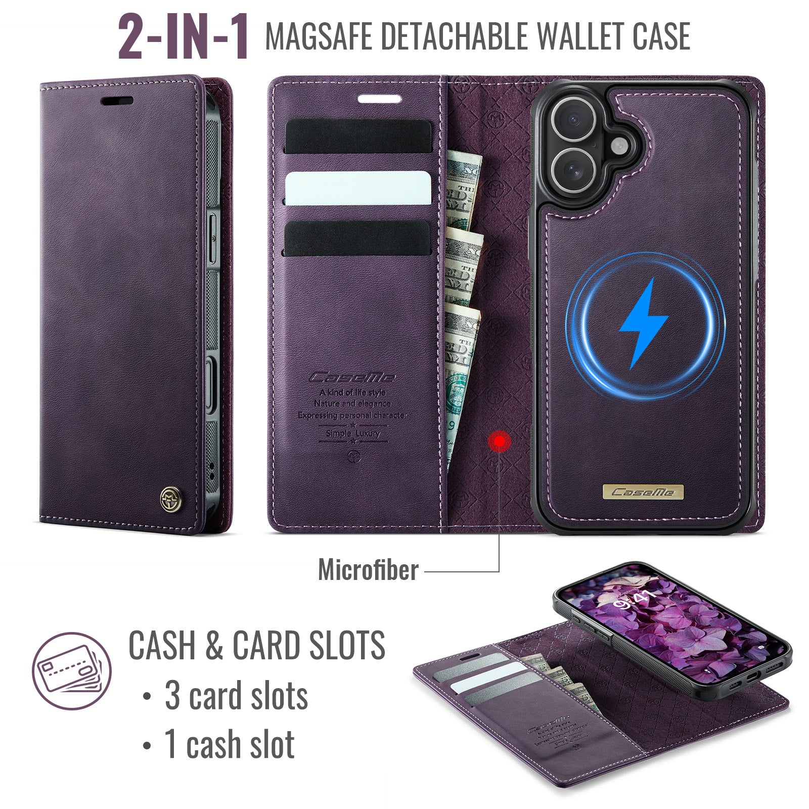 For-iPhone-17-Case-CASEME-C49-Compatible-with-MagSafe-RFID-Blocking-Detachable-Wallet-Leather-Phone-Cover-Purple