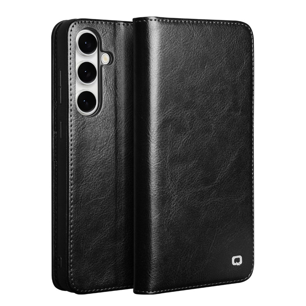 QIALINO-For-Samsung-Galaxy-S25-FE-Case-Wallet-Stand-Genuine-Cow-Leather-Phone-Cover-Black