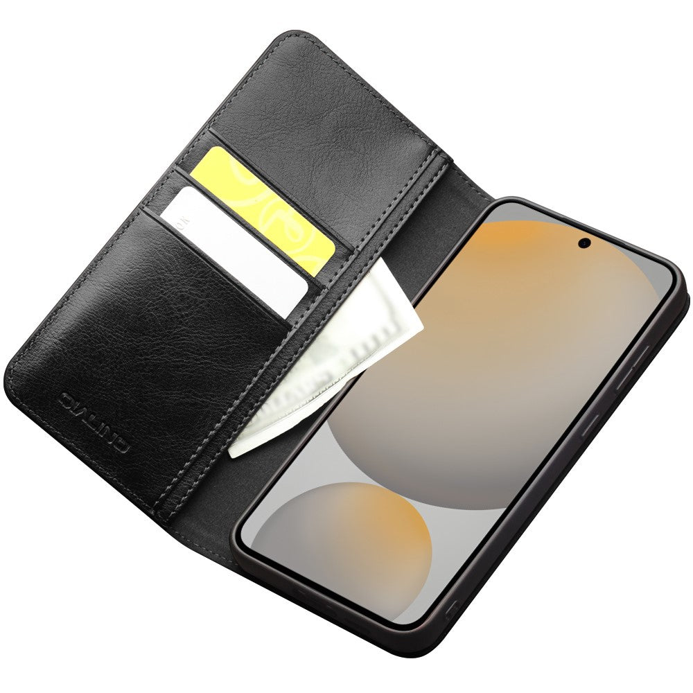 QIALINO-For-Samsung-Galaxy-S25-FE-Case-Wallet-Stand-Genuine-Cow-Leather-Phone-Cover-Black