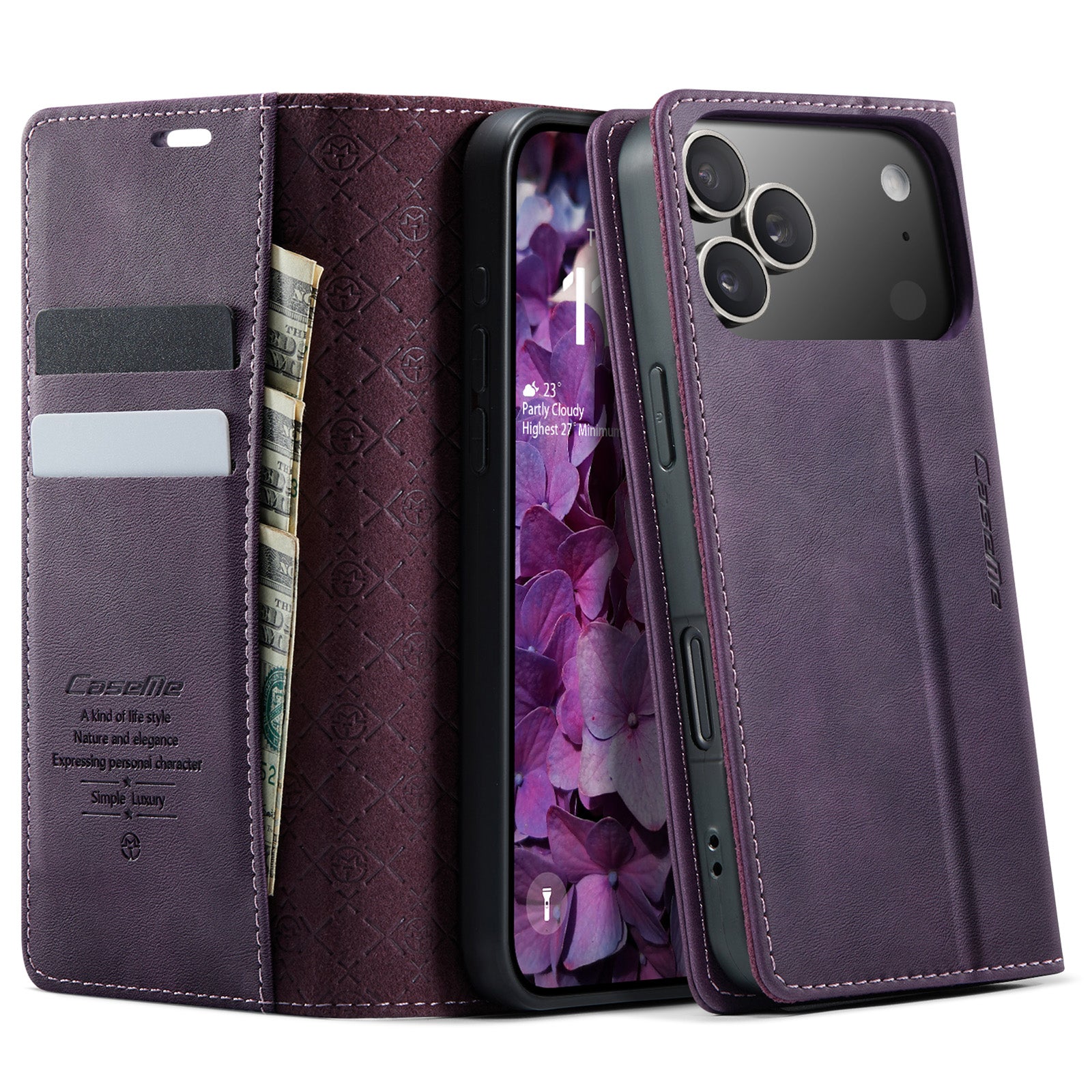 For-iPhone-17-Pro-Case-CASEME-033-Series-RFID-Blocking-Wallet-Stand-Calf-Texture-Leather-Phone-Cover-Purple