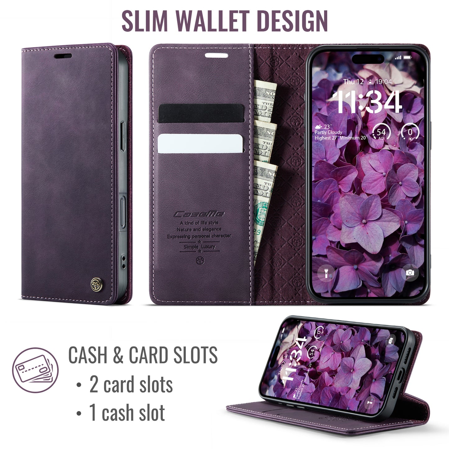 For-iPhone-17-Pro-Case-CASEME-033-Series-RFID-Blocking-Wallet-Stand-Calf-Texture-Leather-Phone-Cover-Purple