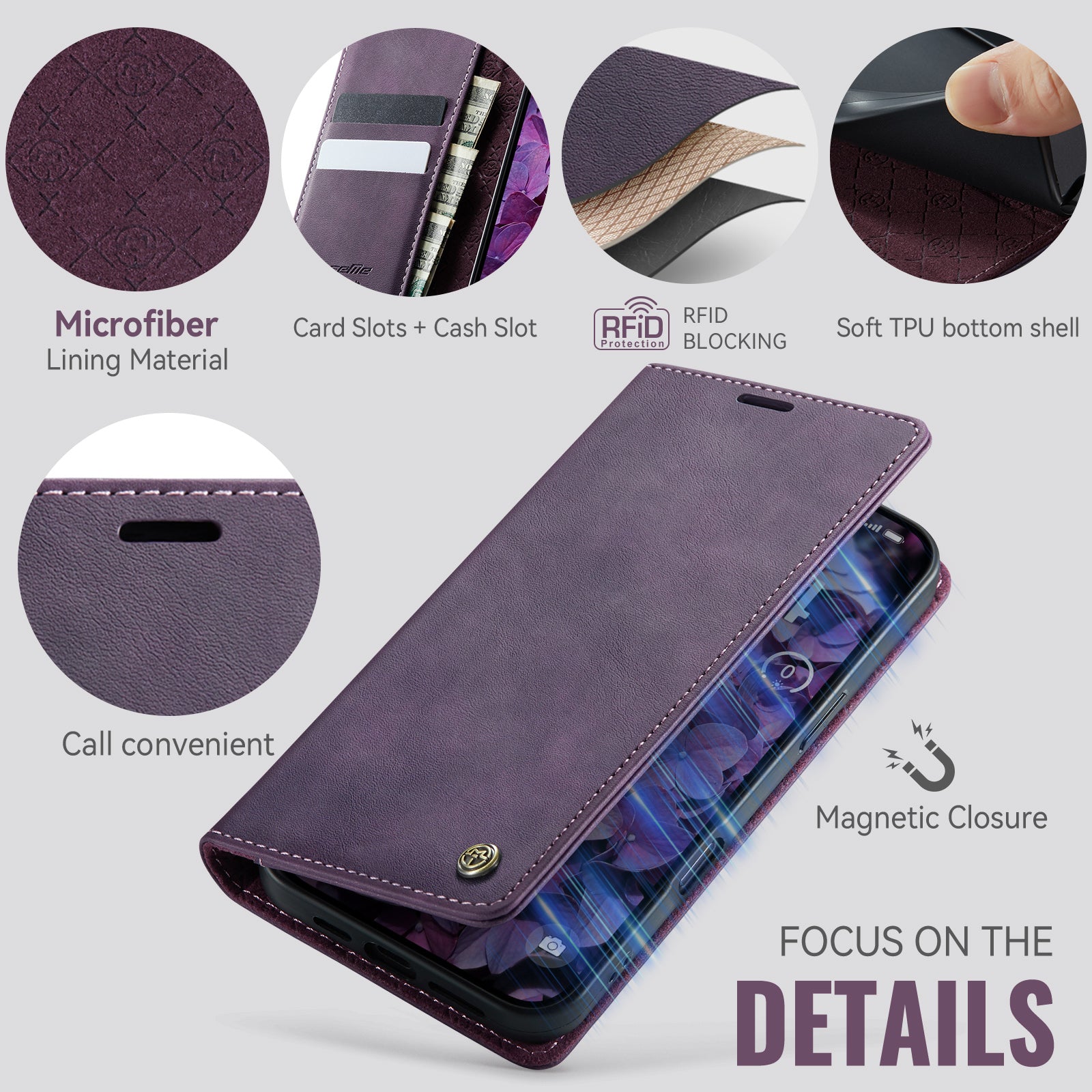 For-iPhone-17-Pro-Case-CASEME-033-Series-RFID-Blocking-Wallet-Stand-Calf-Texture-Leather-Phone-Cover-Purple