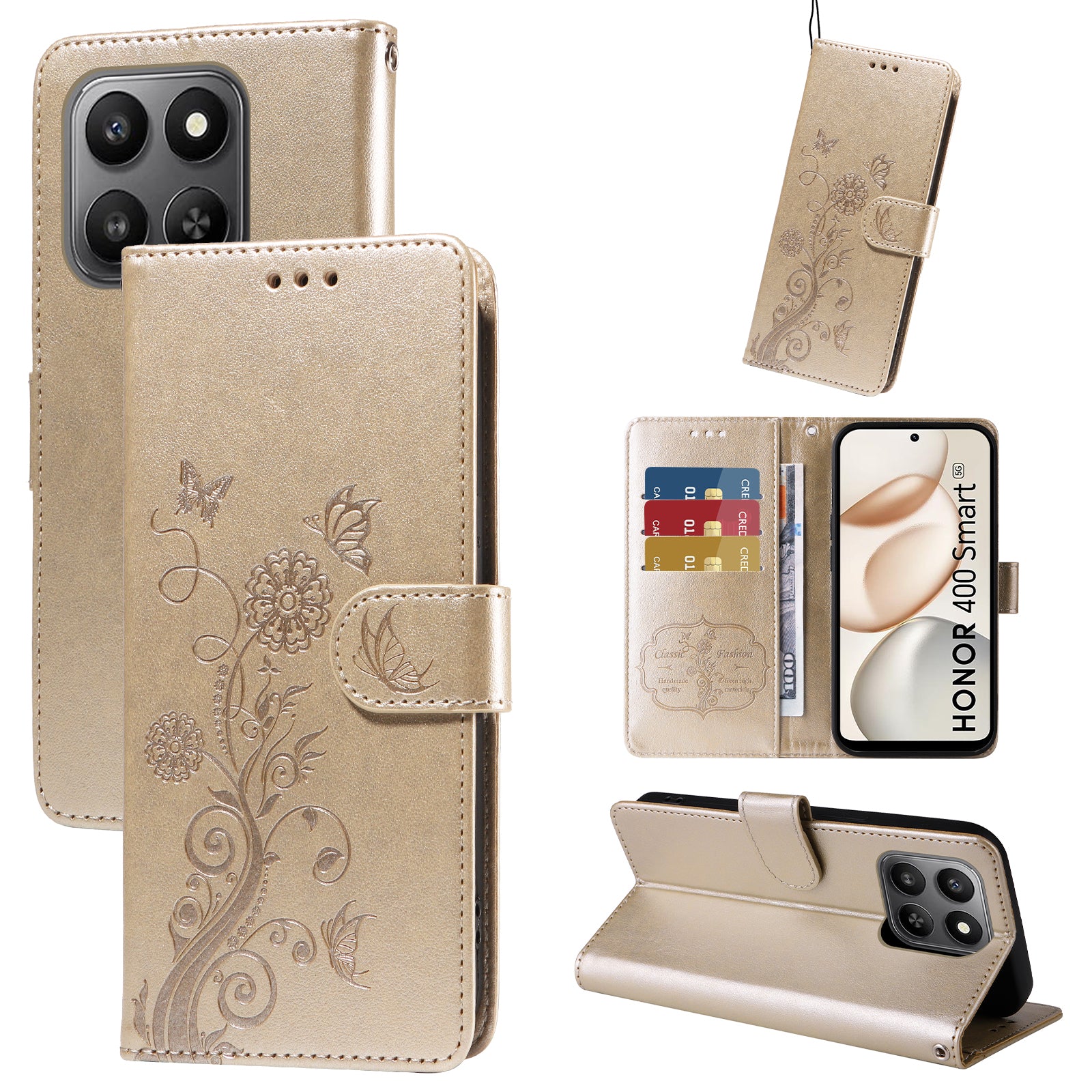 For-Honor-400-Smart-5G-/-4G-/-X7d-4G-Leather-Case-Butterfly-Floral-Imprint-Wallet-Stand-Cover-Golden