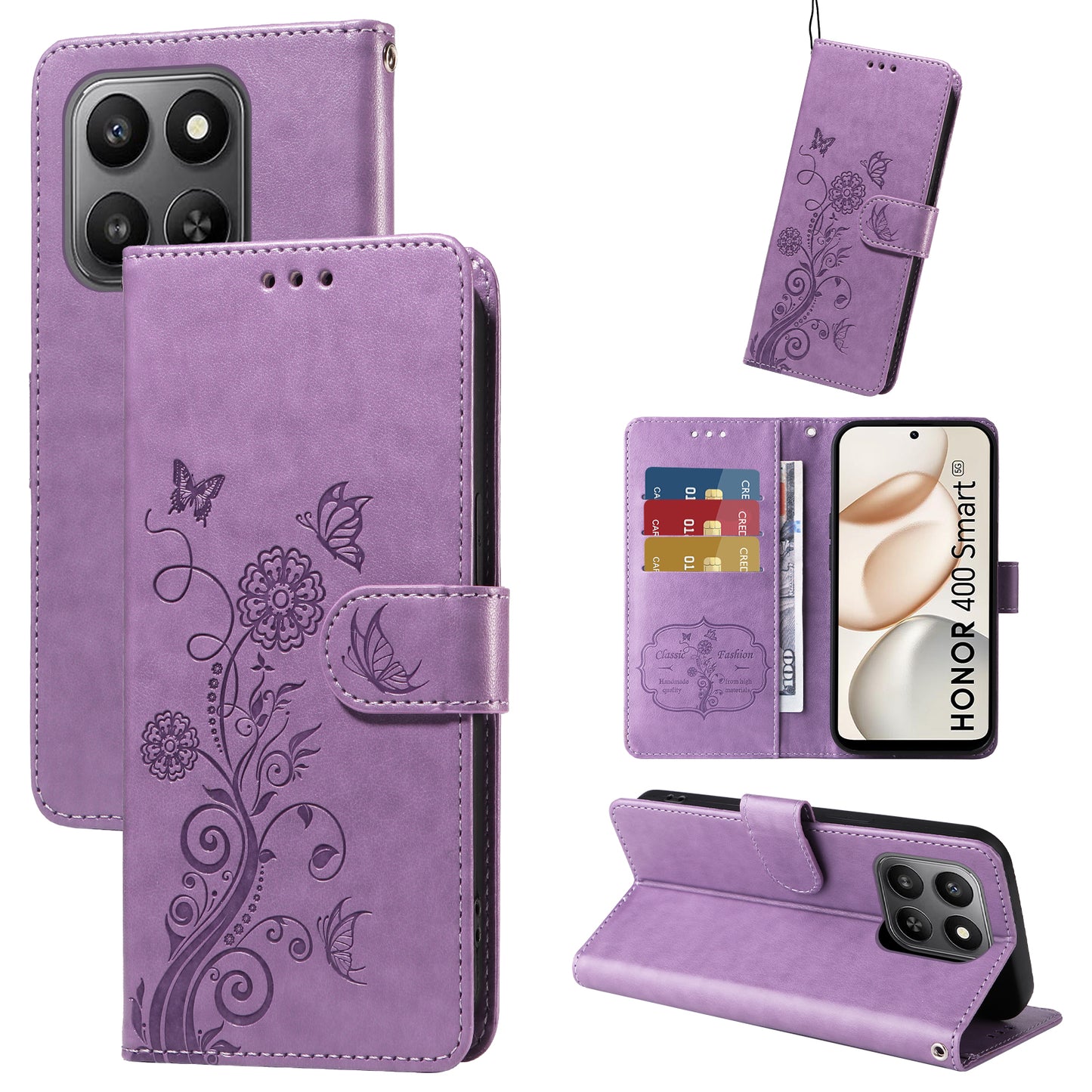 For-Honor-400-Smart-5G-/-4G-/-X7d-4G-Leather-Case-Butterfly-Floral-Imprint-Wallet-Stand-Cover-Purple