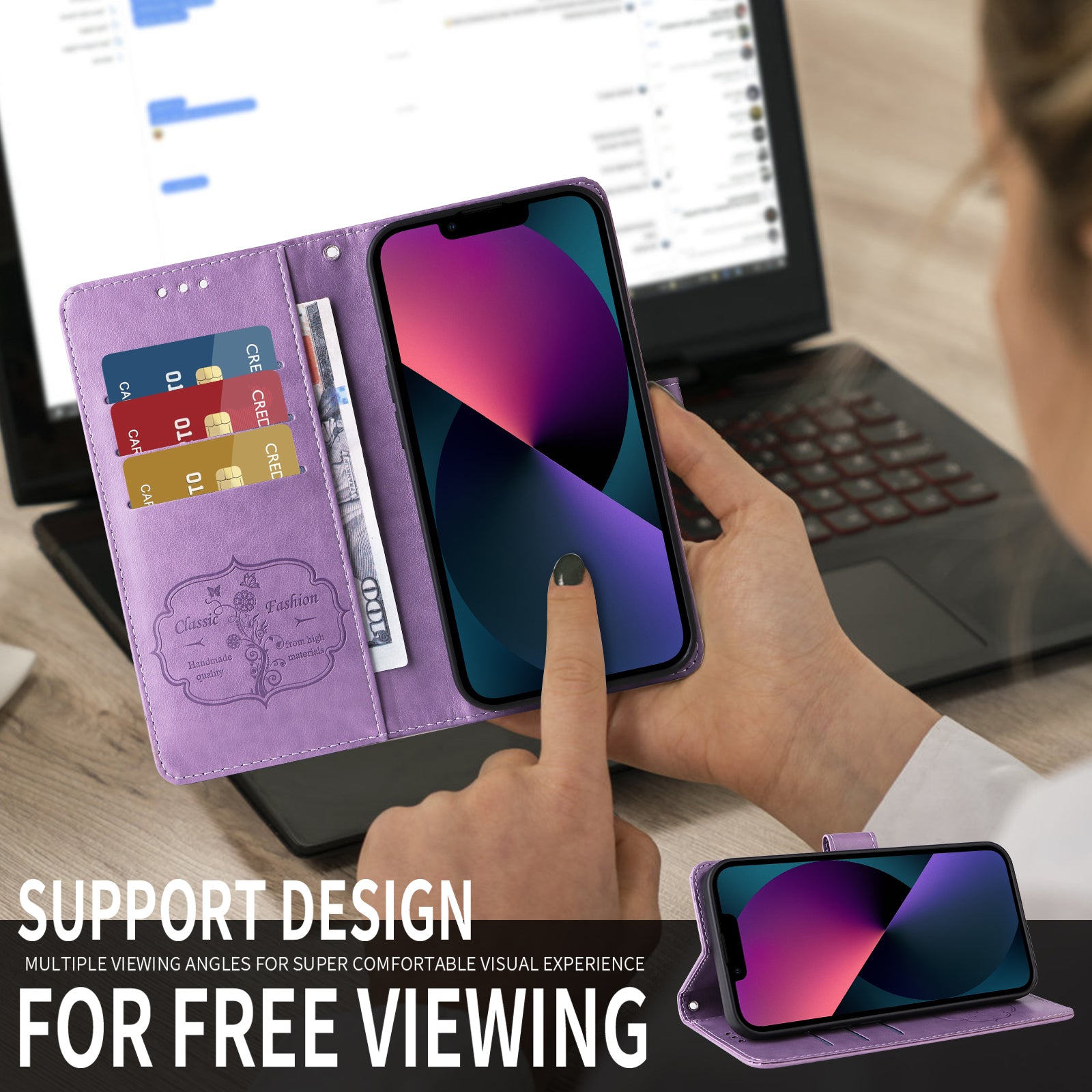 For-Honor-400-Smart-5G-/-4G-/-X7d-4G-Leather-Case-Butterfly-Floral-Imprint-Wallet-Stand-Cover-Purple