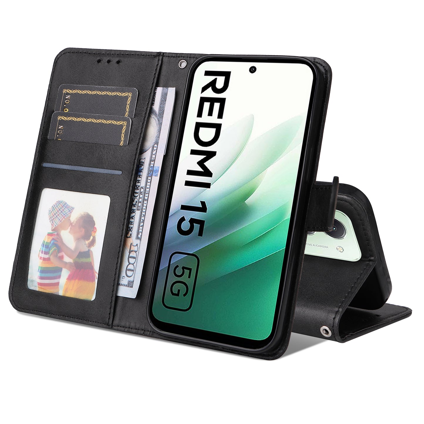 For-Xiaomi-Redmi-15-4G-(EU)-(171mm)-Case-Wallet-PU-Leather-Folio-Flip-Phone-Cover-Black