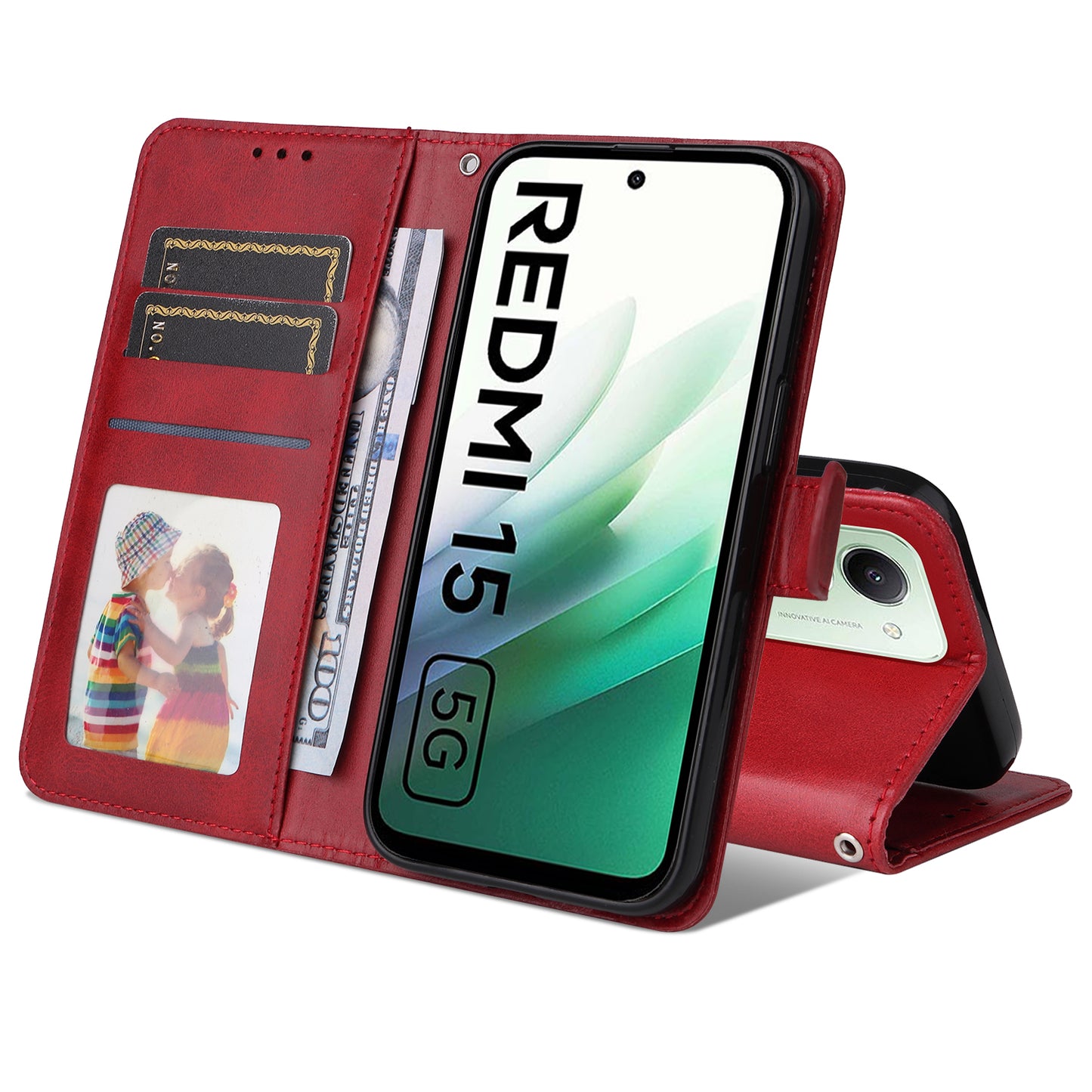 For-Xiaomi-Redmi-15-4G-(EU)-(171mm)-Case-Wallet-PU-Leather-Folio-Flip-Phone-Cover-Red
