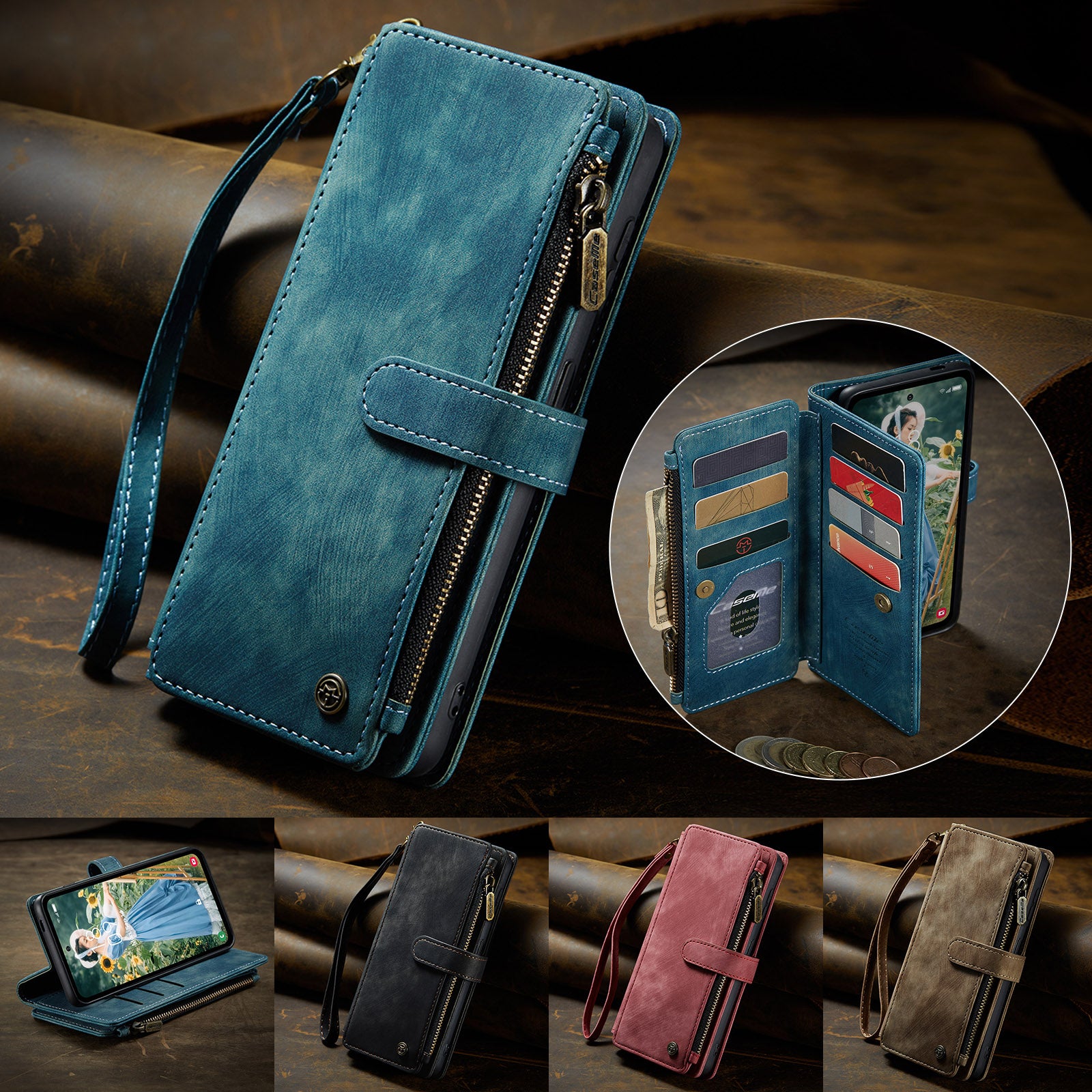 For-Samsung-Galaxy-S25-FE-Phone-Cases-with-Strap-CASEME-C30-Zipper-Multiple-Card-Holder-PU-Leather-Cover-Blue