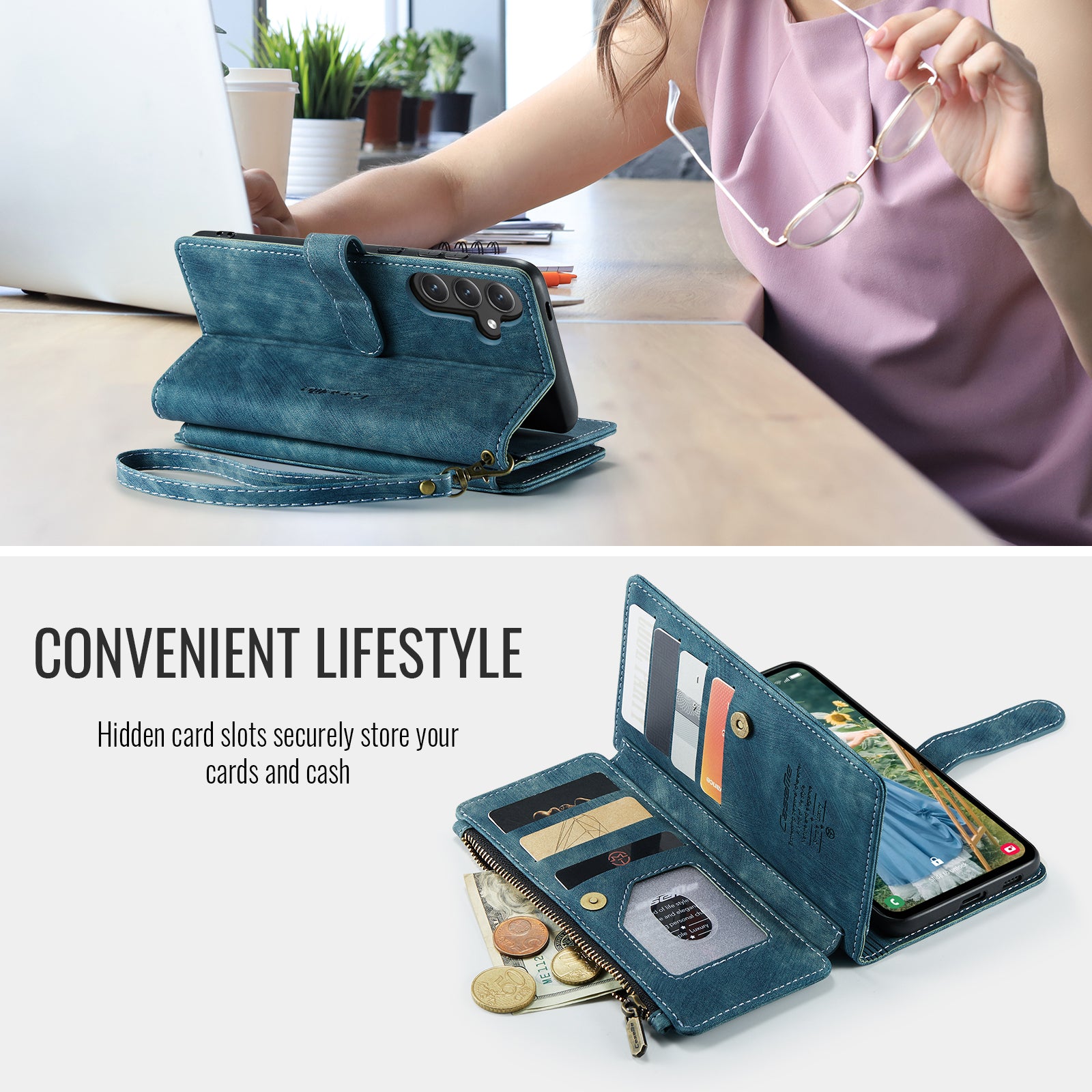 For-Samsung-Galaxy-S25-FE-Phone-Cases-with-Strap-CASEME-C30-Zipper-Multiple-Card-Holder-PU-Leather-Cover-Blue