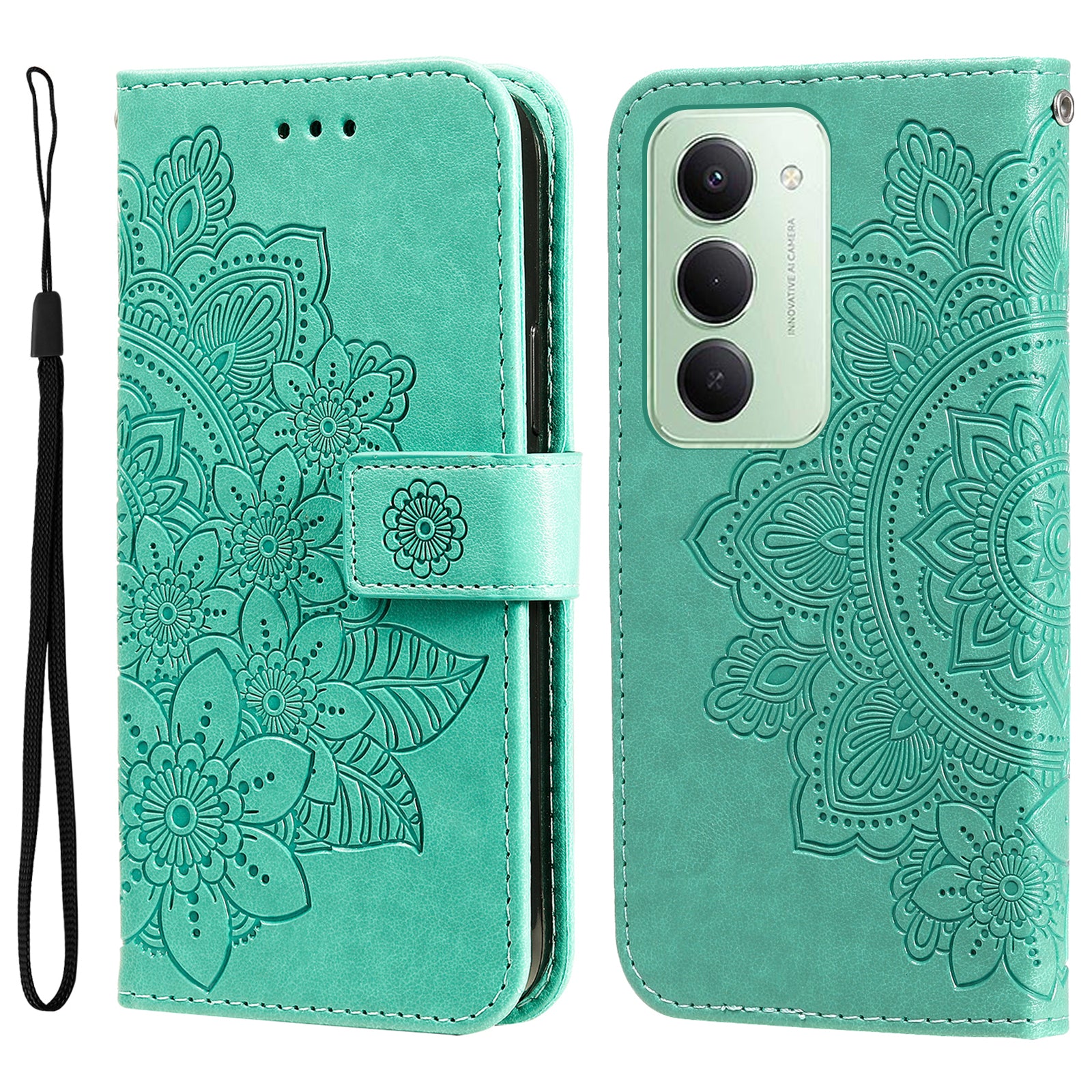For-Xiaomi-Redmi-15-4G-(EU)-(171mm)-Case-Floral-Pattern-PU-Leather-Wallet-Stand-Phone-Cover-Green