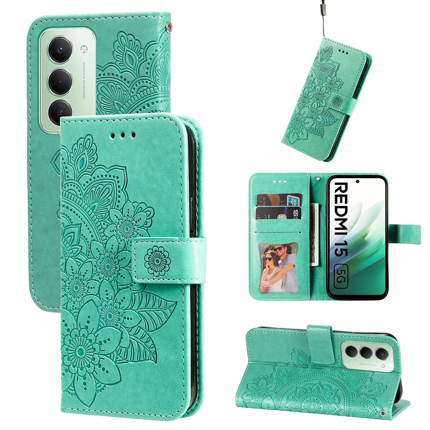 For-Xiaomi-Redmi-15-4G-(EU)-(171mm)-Case-Floral-Pattern-PU-Leather-Wallet-Stand-Phone-Cover-Green