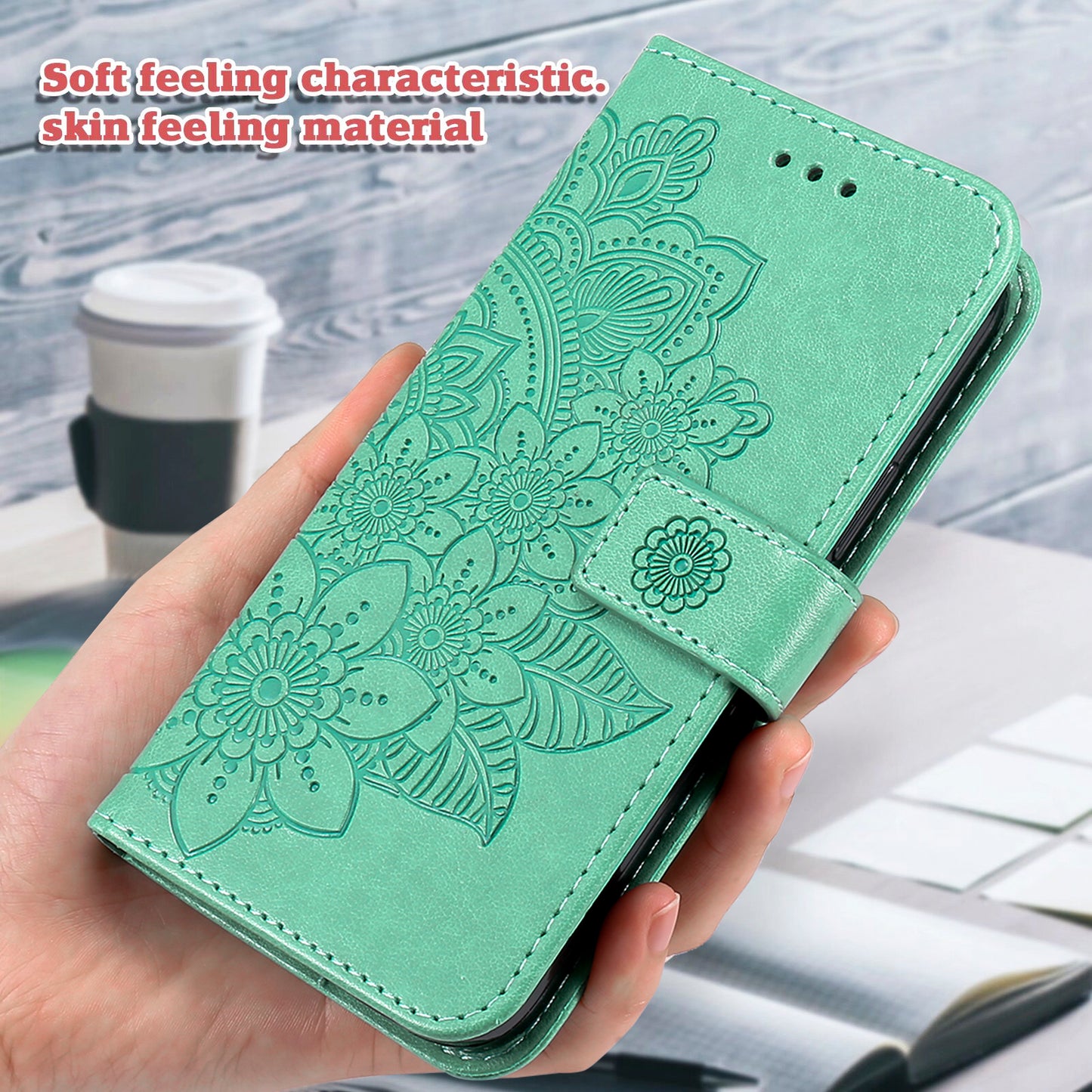 For-Xiaomi-Redmi-15-4G-(EU)-(171mm)-Case-Floral-Pattern-PU-Leather-Wallet-Stand-Phone-Cover-Green