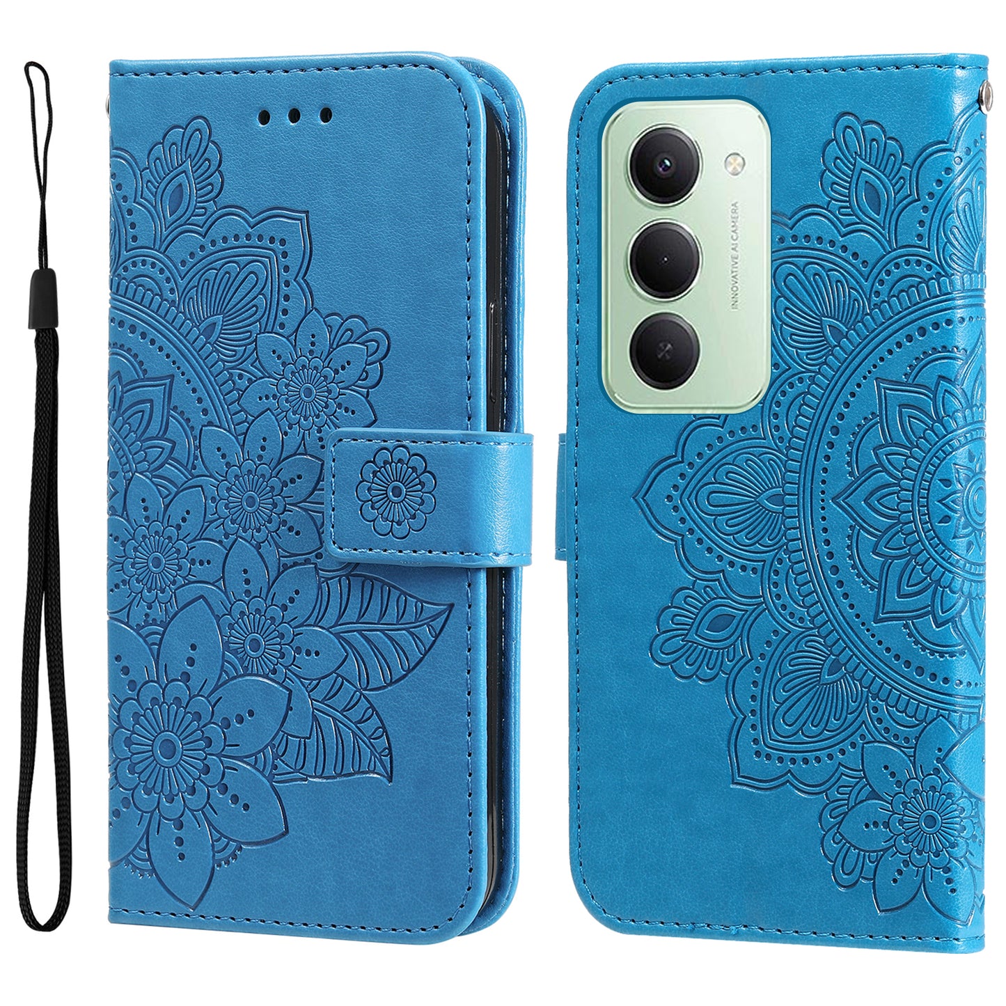 For-Xiaomi-Redmi-15-4G-(EU)-(171mm)-Case-Floral-Pattern-PU-Leather-Wallet-Stand-Phone-Cover-Blue