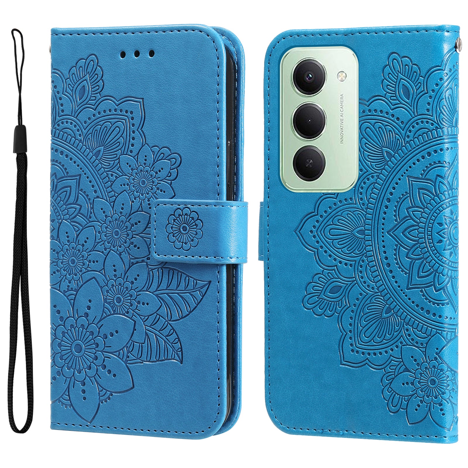 For-Xiaomi-Redmi-15-4G-(EU)-(171mm)-Case-Floral-Pattern-PU-Leather-Wallet-Stand-Phone-Cover-Blue