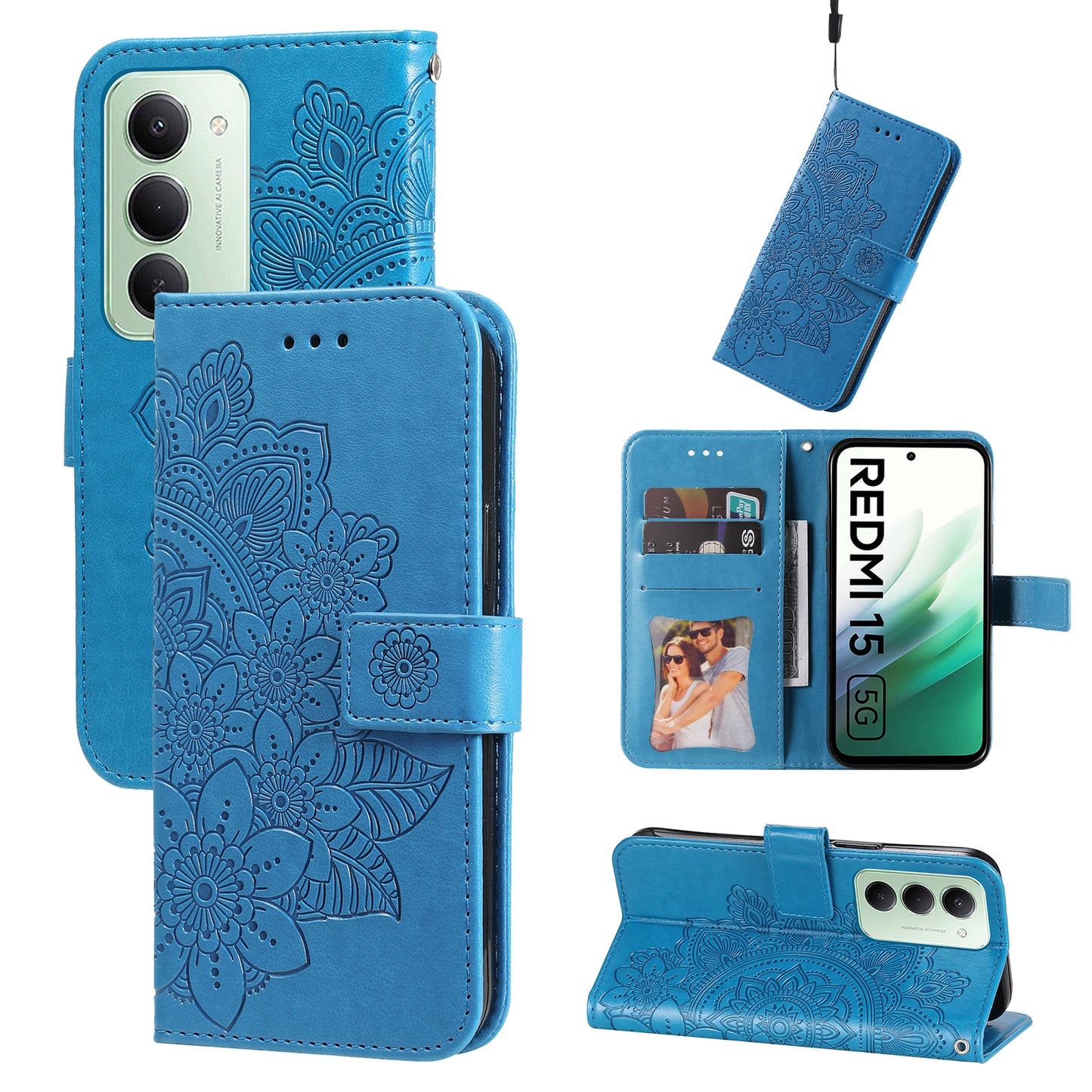 For-Xiaomi-Redmi-15-4G-(EU)-(171mm)-Case-Floral-Pattern-PU-Leather-Wallet-Stand-Phone-Cover-Blue