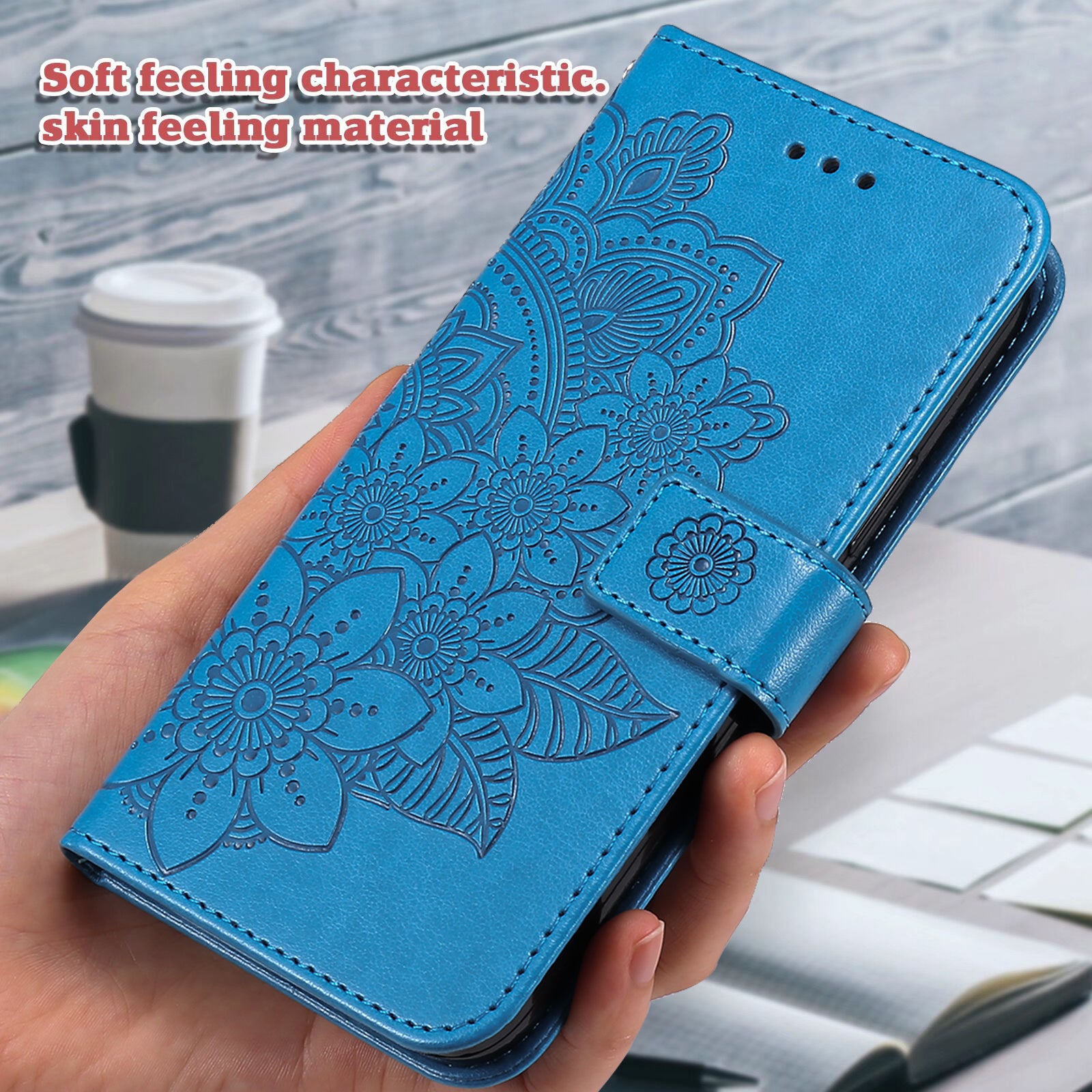 For-Xiaomi-Redmi-15-4G-(EU)-(171mm)-Case-Floral-Pattern-PU-Leather-Wallet-Stand-Phone-Cover-Blue
