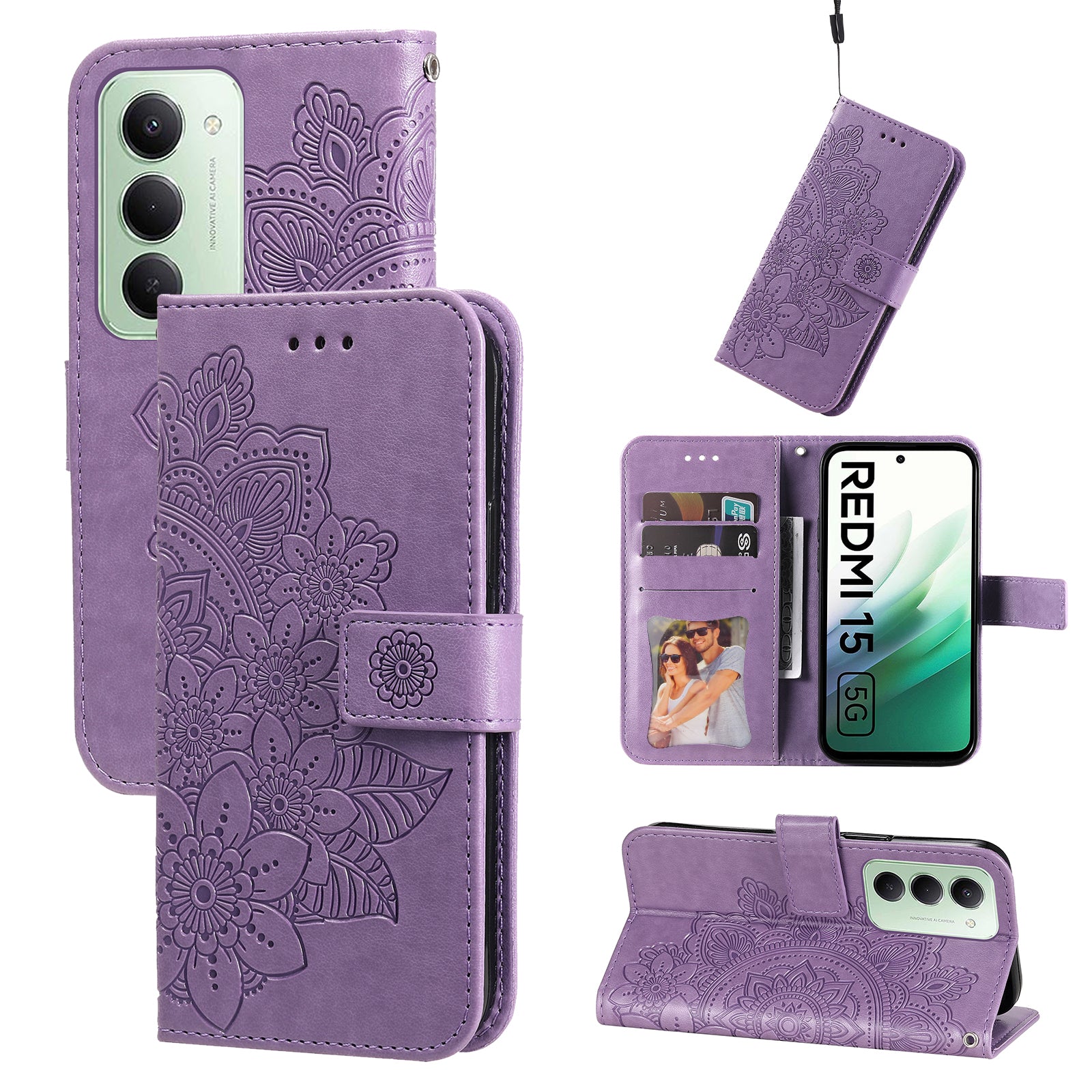 For-Xiaomi-Redmi-15-4G-(EU)-(171mm)-Case-Floral-Pattern-PU-Leather-Wallet-Stand-Phone-Cover-Purple