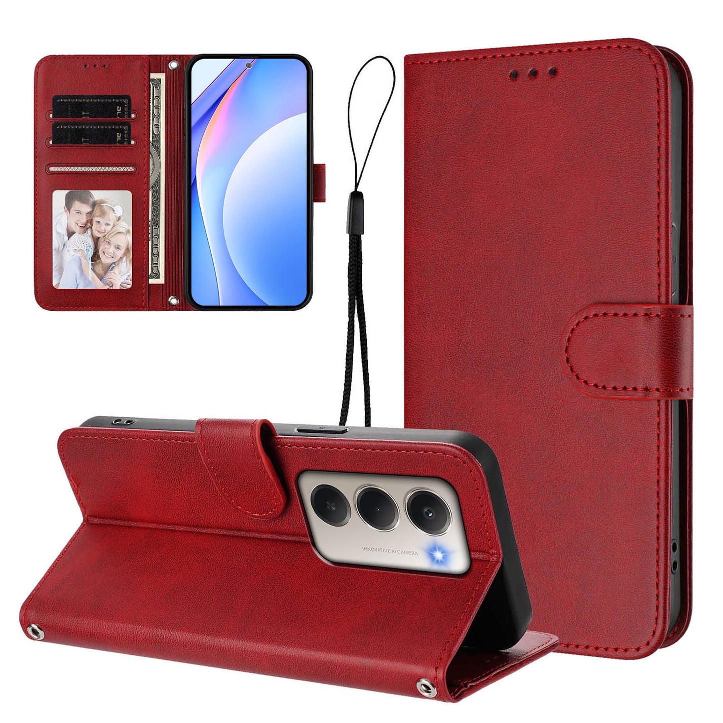 For-Xiaomi-Redmi-15-5G-(Global)-(169mm)-Wallet-Case-RFID-Blocking-Calf-Texture-Leather-Stand-Phone-Cover-with-Strap-Wine-Red