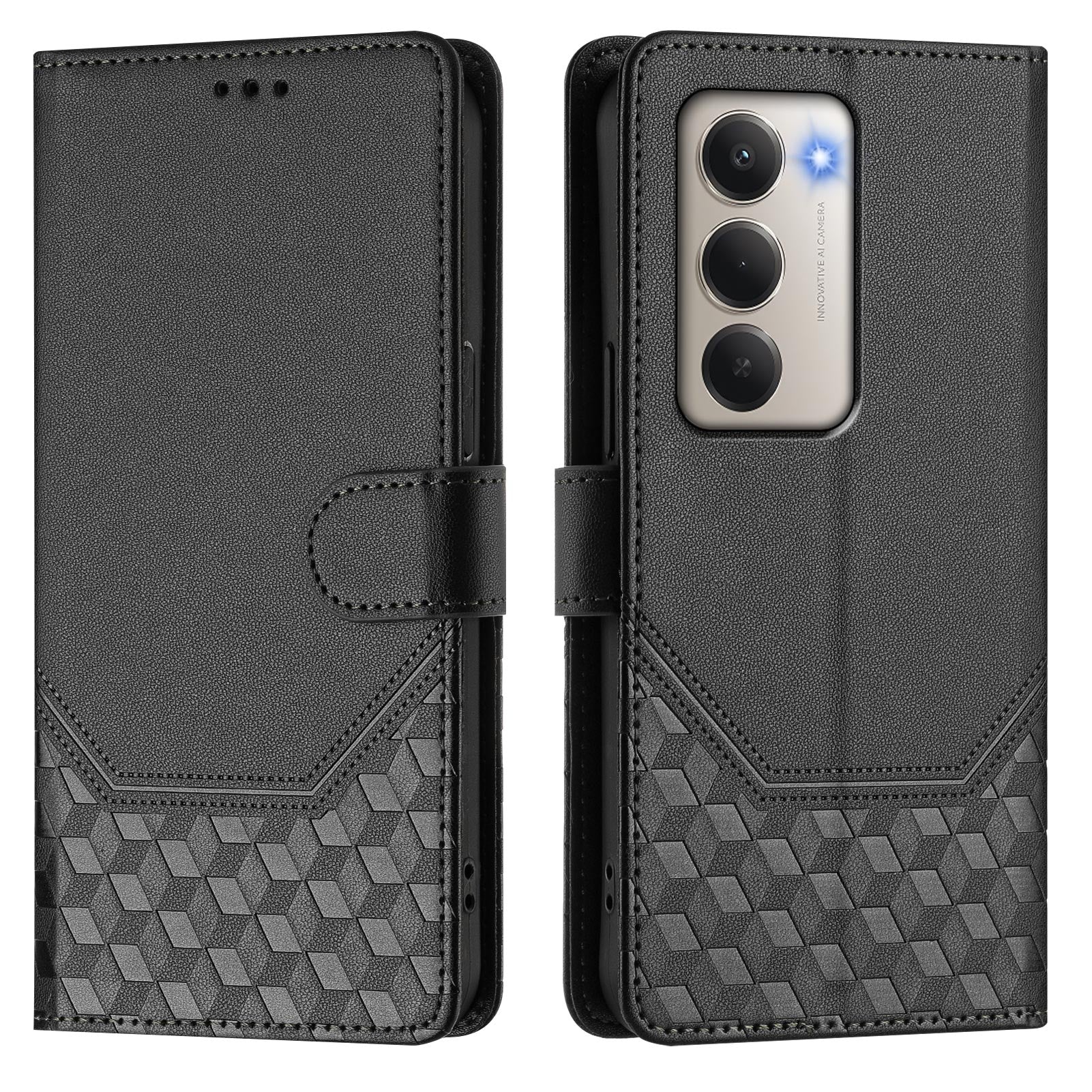 For-Xiaomi-Redmi-15-5G-(Global)-(169mm)-Case-Imprinted-Honeycomb-RFID-Blocking-Leather-Phone-Cover-with-Strap-Black
