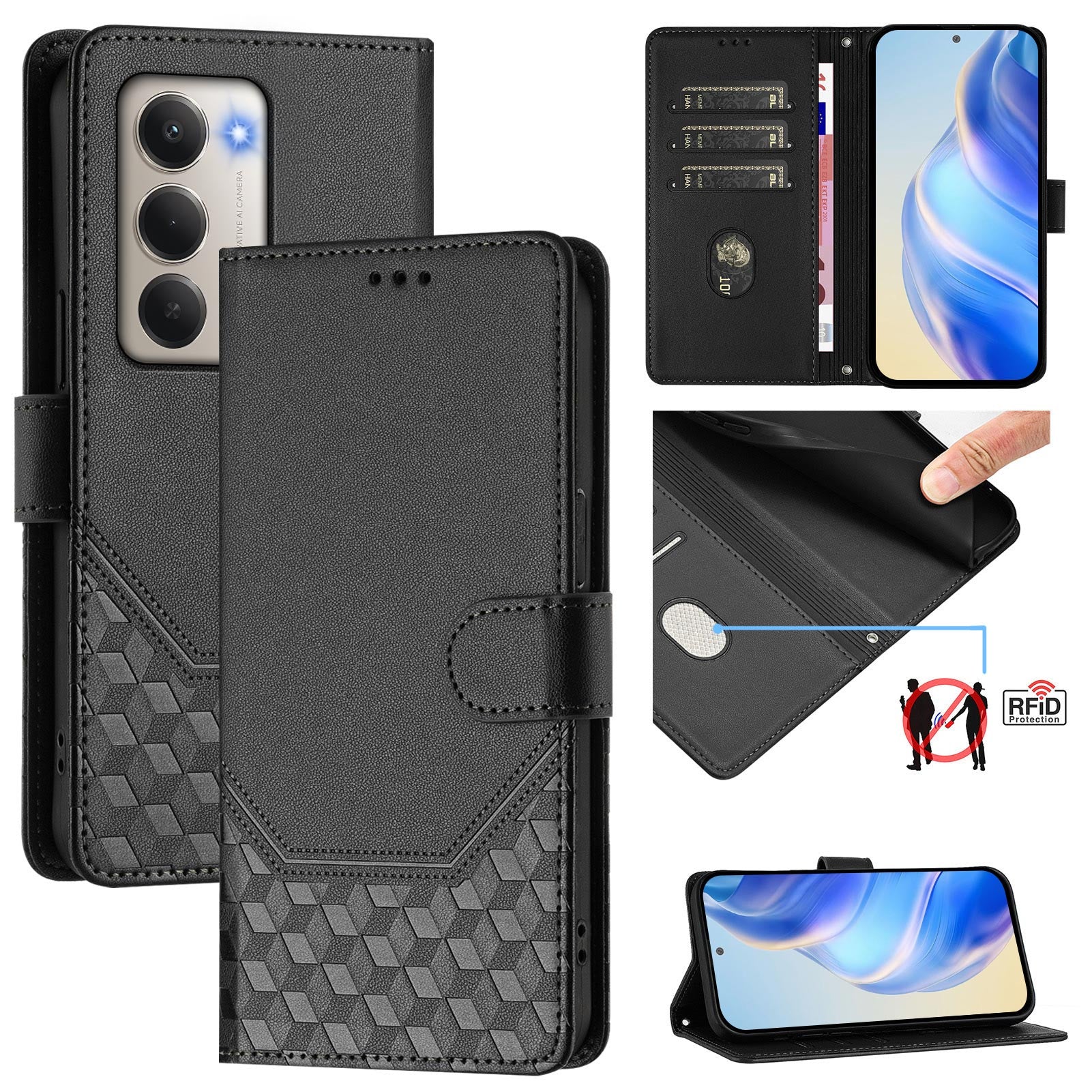 For-Xiaomi-Redmi-15-5G-(Global)-(169mm)-Case-Imprinted-Honeycomb-RFID-Blocking-Leather-Phone-Cover-with-Strap-Black