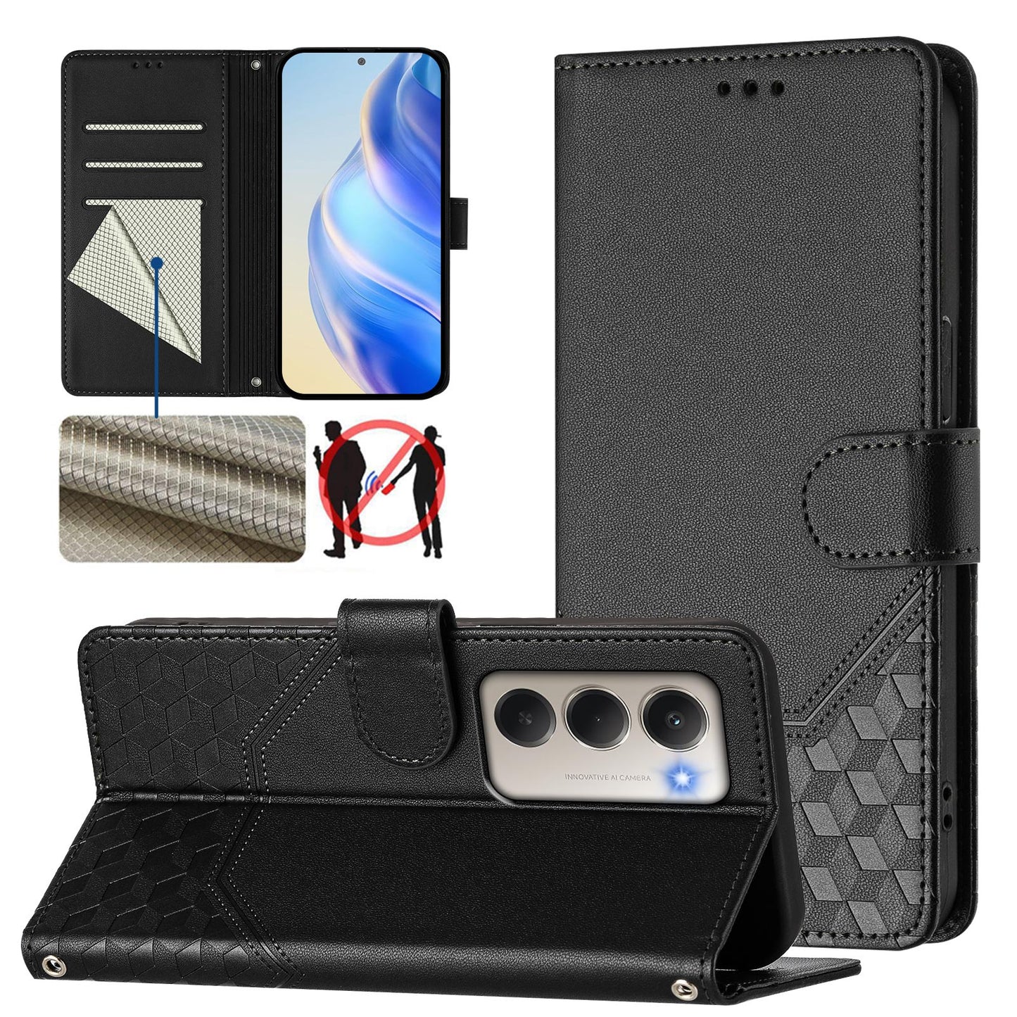 For-Xiaomi-Redmi-15-5G-(Global)-(169mm)-Case-Imprinted-Honeycomb-RFID-Blocking-Leather-Phone-Cover-with-Strap-Black