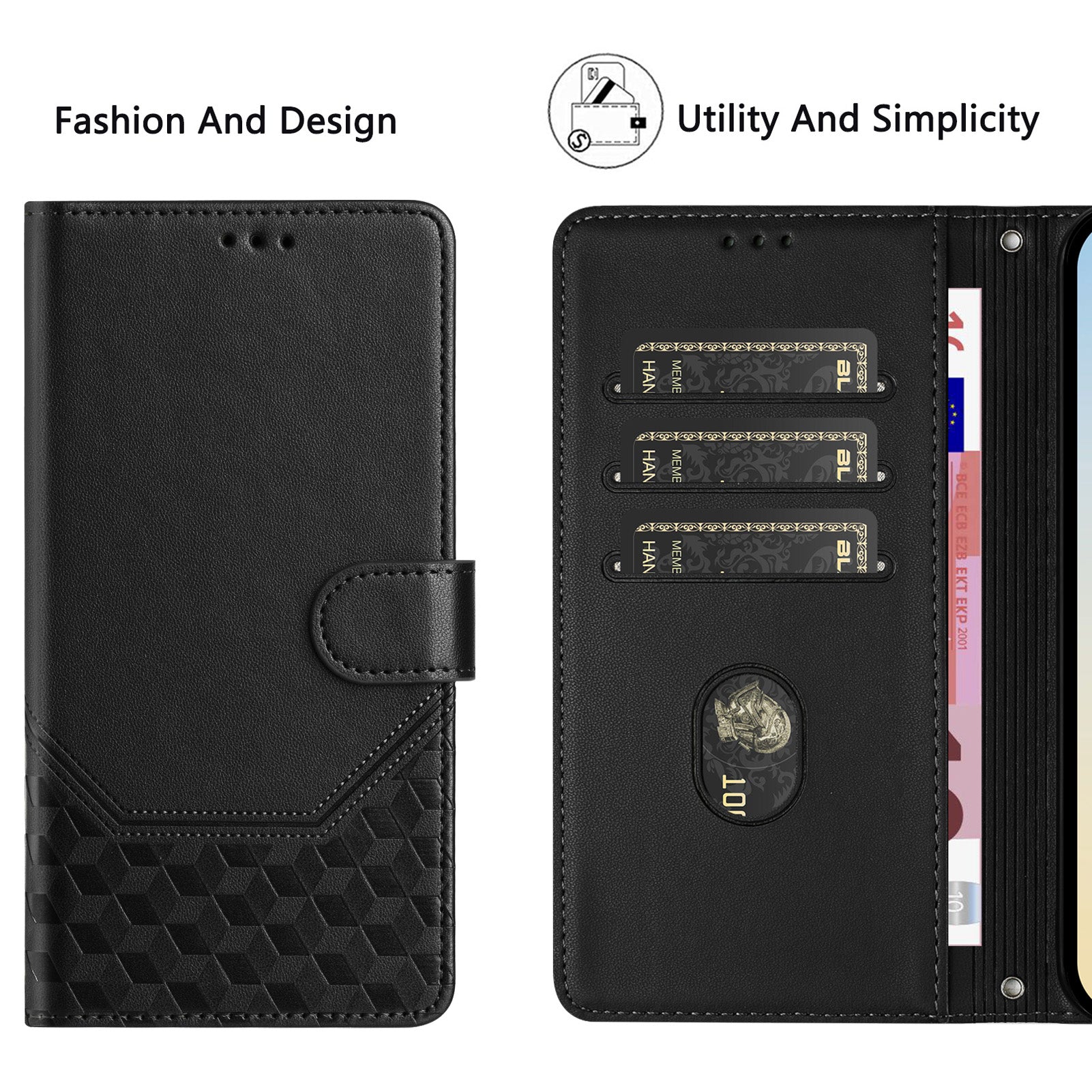 For-Xiaomi-Redmi-15-5G-(Global)-(169mm)-Case-Imprinted-Honeycomb-RFID-Blocking-Leather-Phone-Cover-with-Strap-Black