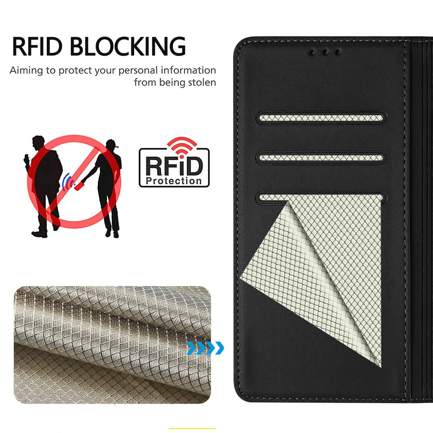 For-Xiaomi-Redmi-15-5G-(Global)-(169mm)-Case-Imprinted-Honeycomb-RFID-Blocking-Leather-Phone-Cover-with-Strap-Black