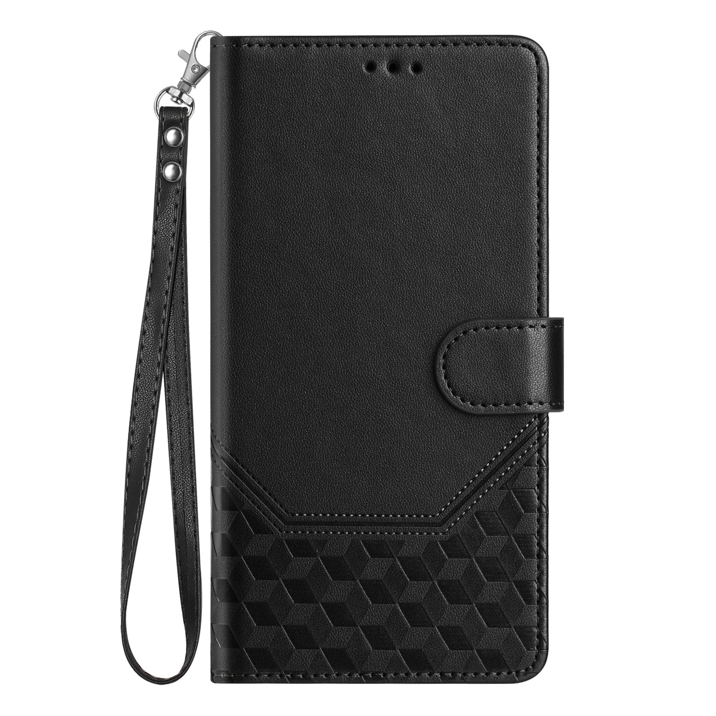 For-Xiaomi-Redmi-15-5G-(Global)-(169mm)-Case-Imprinted-Honeycomb-RFID-Blocking-Leather-Phone-Cover-with-Strap-Black