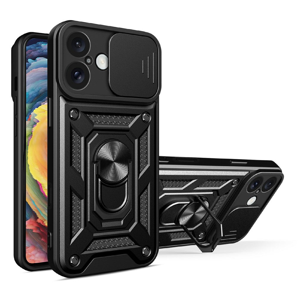 AMORUS-Kickstand-Case-for-iPhone-16-PC-+-TPU-Phone-Cover-with-Camera-Lens-Slider-Black