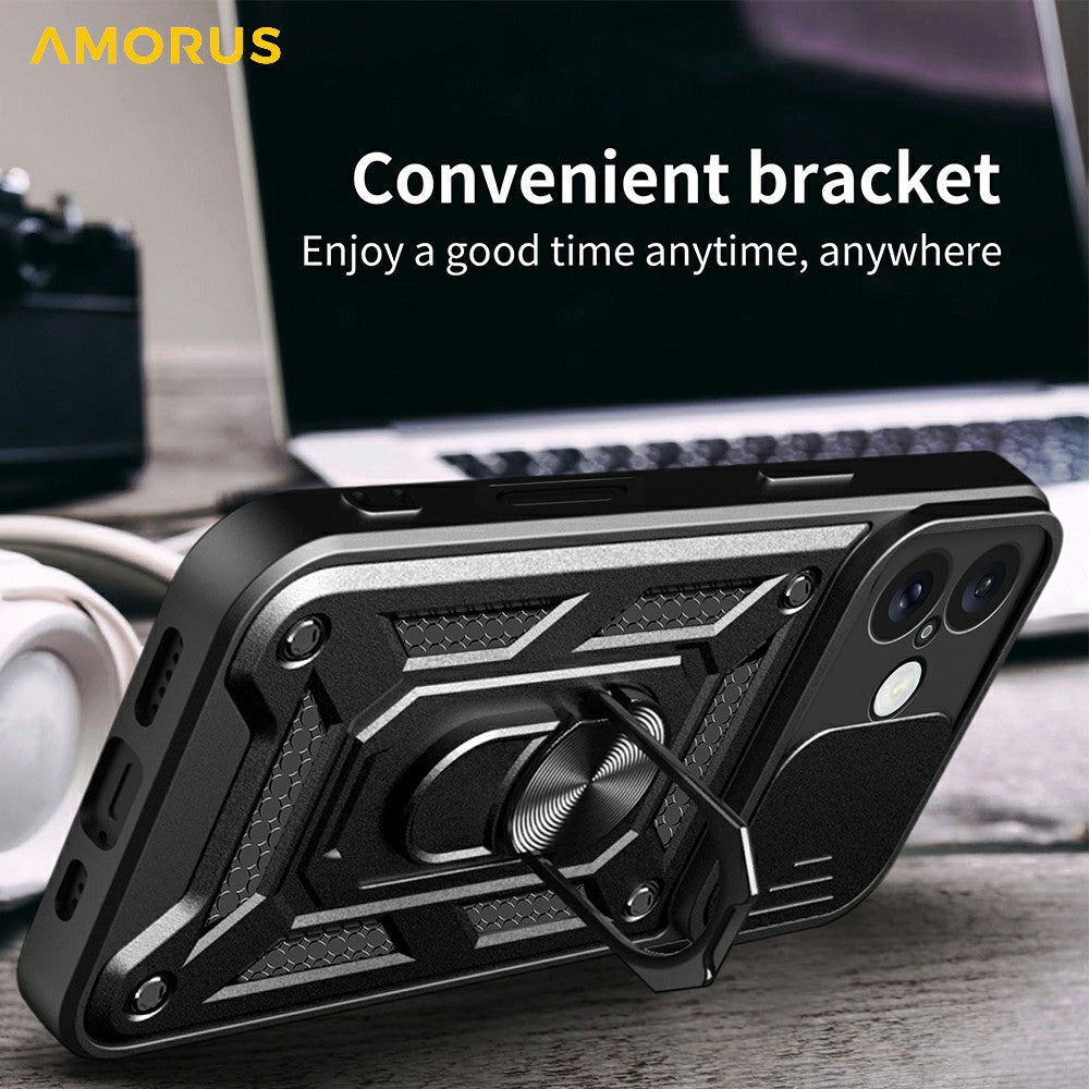 AMORUS-Kickstand-Case-for-iPhone-16-PC-+-TPU-Phone-Cover-with-Camera-Lens-Slider-Black