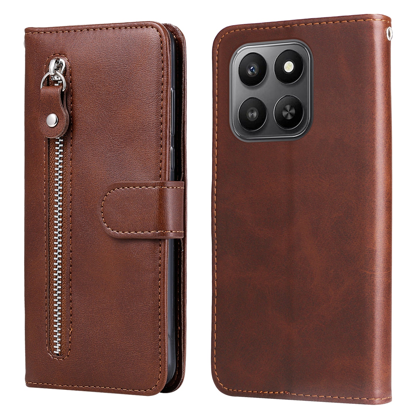 For-Honor-400-Smart-5G-/-4G-/-X7d-4G-PU-Leather-Cases-with-Zipper-Pocket-Wallet-Phone-Cover-Stand-Brown
