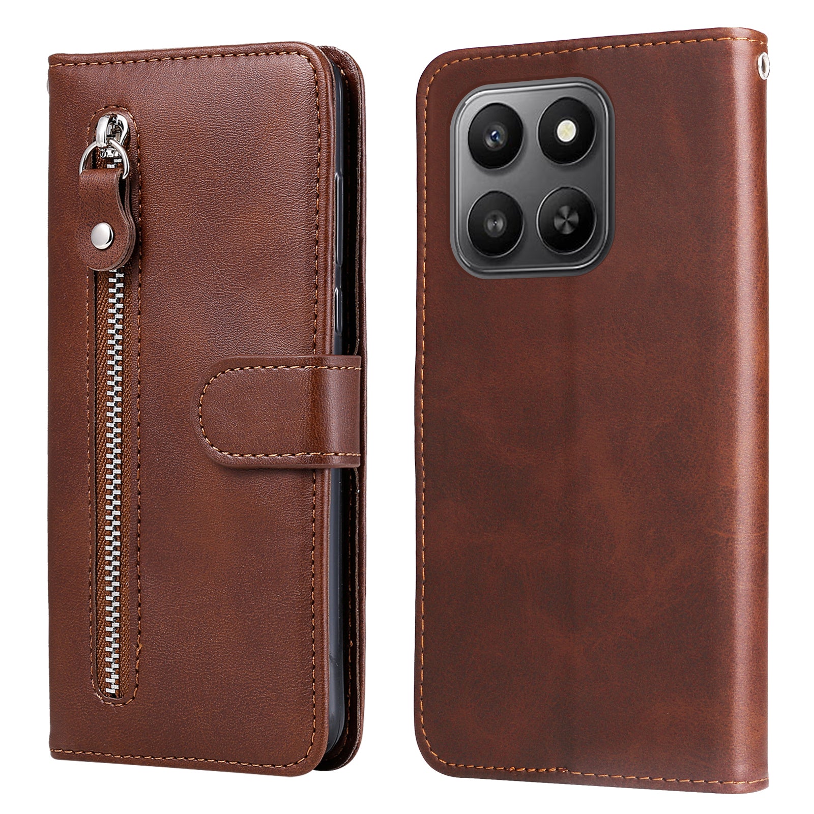For-Honor-400-Smart-5G-/-4G-/-X7d-4G-PU-Leather-Cases-with-Zipper-Pocket-Wallet-Phone-Cover-Stand-Brown
