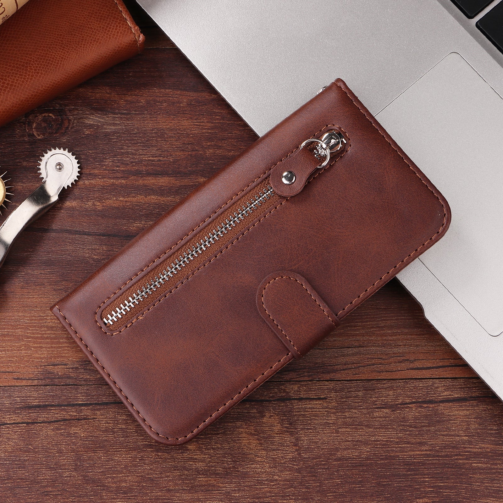 For-Honor-400-Smart-5G-/-4G-/-X7d-4G-PU-Leather-Cases-with-Zipper-Pocket-Wallet-Phone-Cover-Stand-Brown