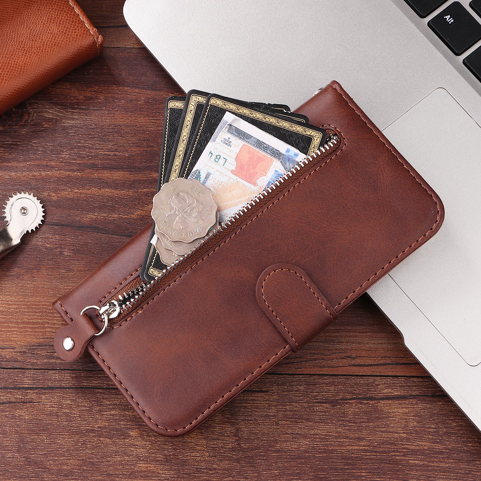 For-Honor-400-Smart-5G-/-4G-/-X7d-4G-PU-Leather-Cases-with-Zipper-Pocket-Wallet-Phone-Cover-Stand-Brown
