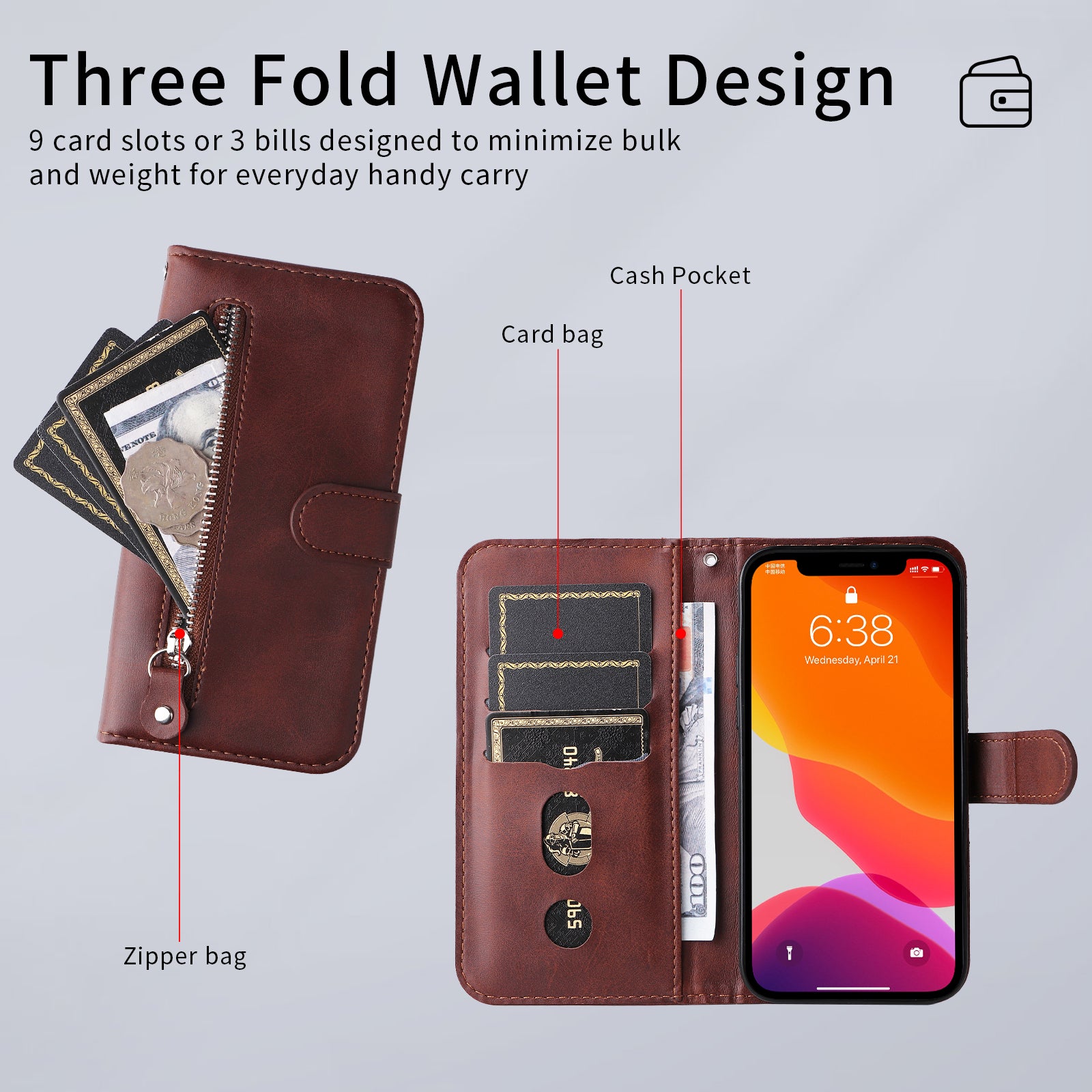 For-Honor-400-Smart-5G-/-4G-/-X7d-4G-PU-Leather-Cases-with-Zipper-Pocket-Wallet-Phone-Cover-Stand-Brown