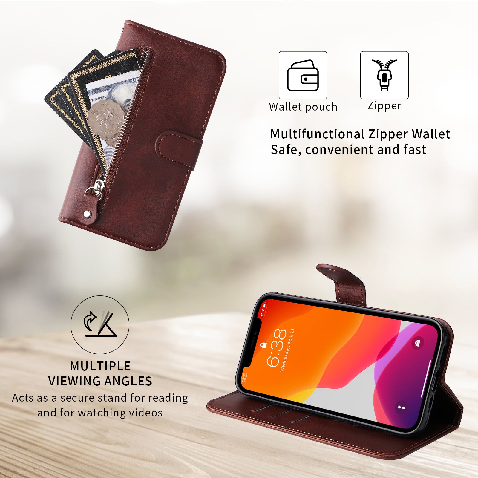 For-Honor-400-Smart-5G-/-4G-/-X7d-4G-PU-Leather-Cases-with-Zipper-Pocket-Wallet-Phone-Cover-Stand-Brown