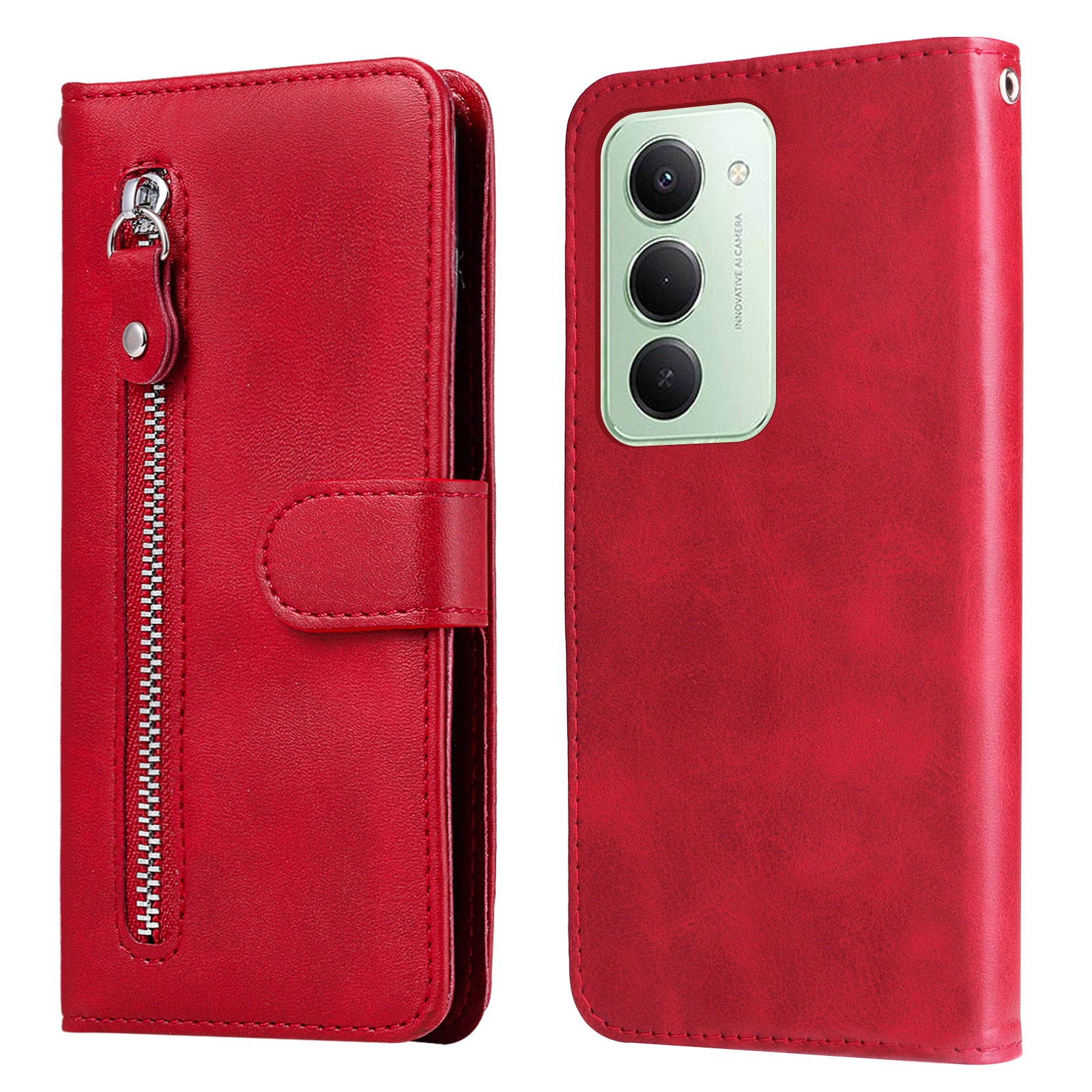 For-Xiaomi-Redmi-15-5G-(Global)-(169mm)-PU-Leather-Cases-with-Zipper-Pocket-Wallet-Phone-Cover-Stand-Red