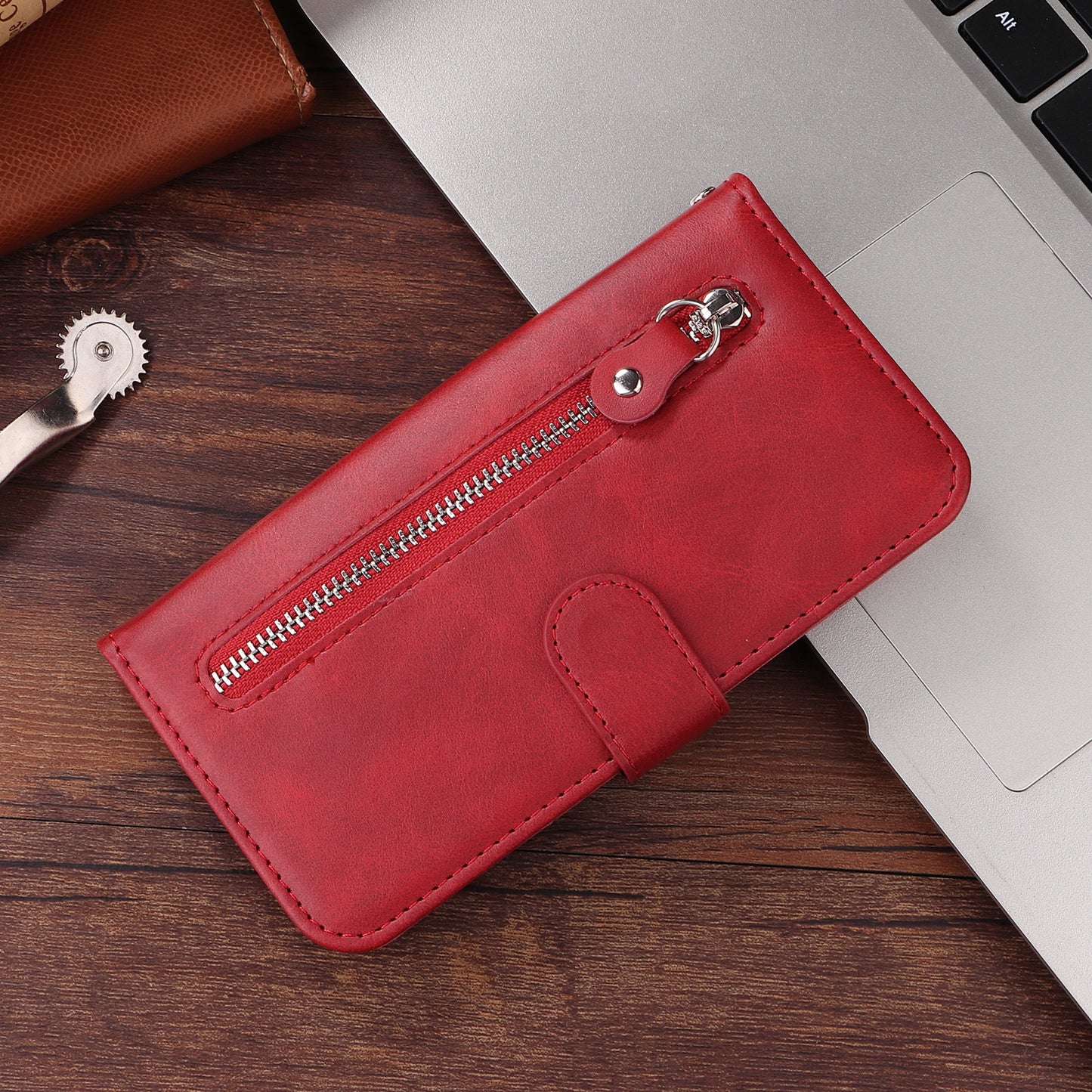For-Xiaomi-Redmi-15-5G-(Global)-(169mm)-PU-Leather-Cases-with-Zipper-Pocket-Wallet-Phone-Cover-Stand-Red